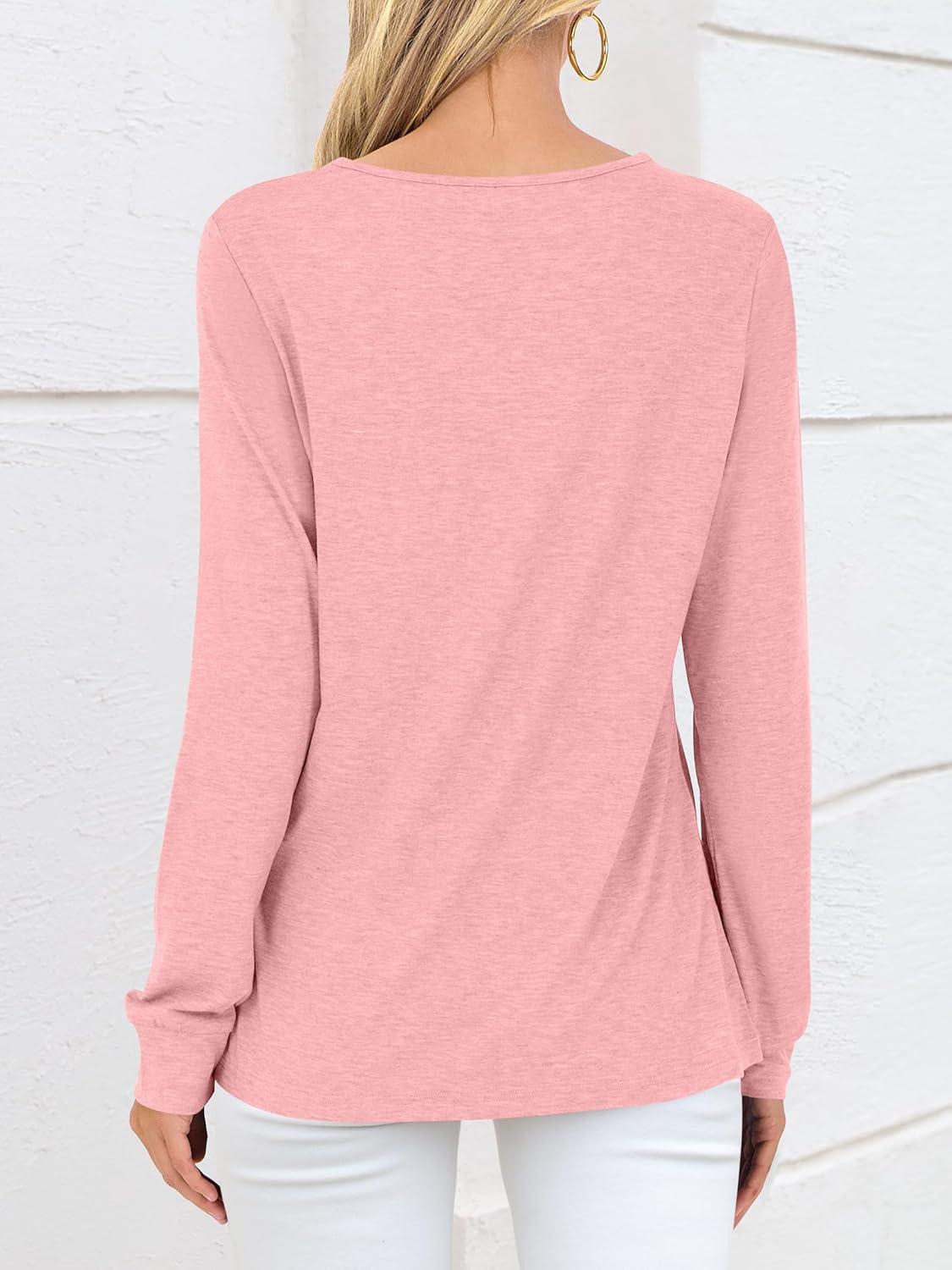 imageANRABESS Womens Long Sleeve Shirts V Neck Criss Cross Loose Fit Tops 2025 Fall Trendy Tees Dressy Casual Blouses TShirtsCoral