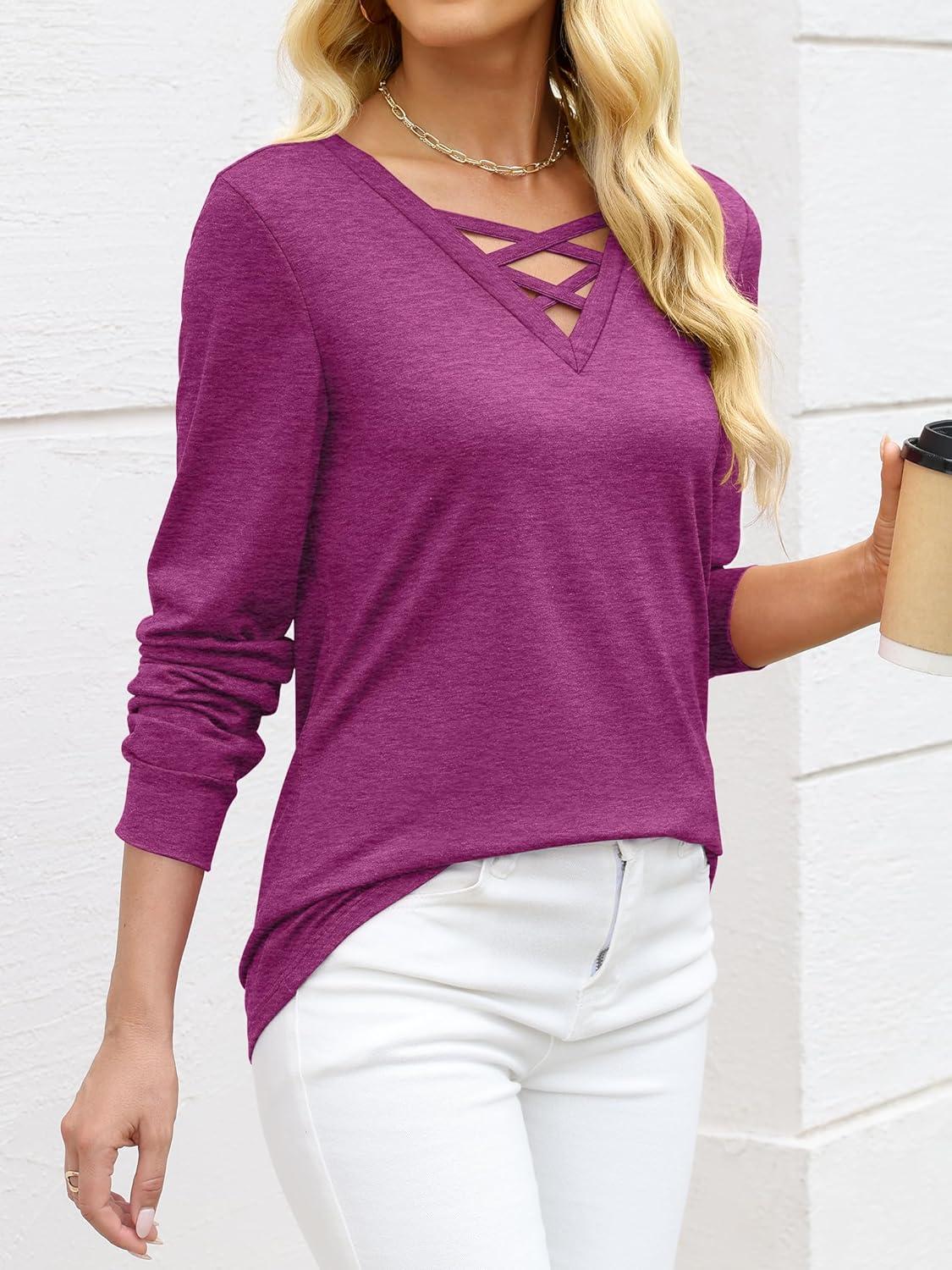 imageANRABESS Womens Long Sleeve Shirts V Neck Criss Cross Loose Fit Tops 2025 Fall Trendy Tees Dressy Casual Blouses TShirtsFuchsia