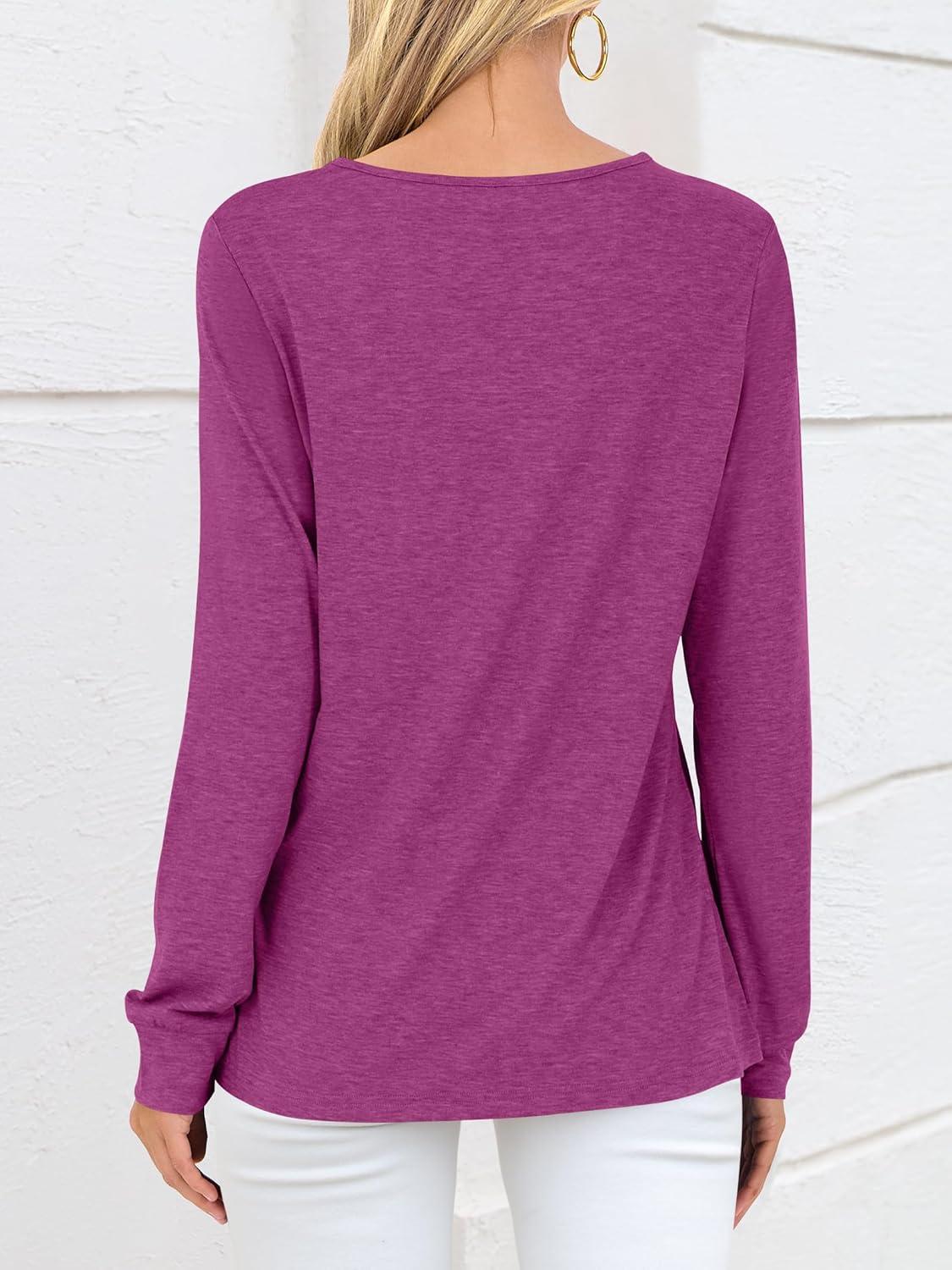 imageANRABESS Womens Long Sleeve Shirts V Neck Criss Cross Loose Fit Tops 2025 Fall Trendy Tees Dressy Casual Blouses TShirtsFuchsia