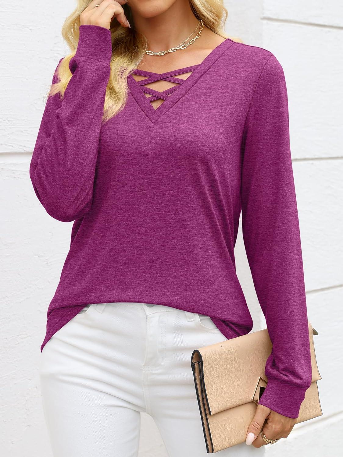 imageANRABESS Womens Long Sleeve Shirts V Neck Criss Cross Loose Fit Tops 2025 Fall Trendy Tees Dressy Casual Blouses TShirtsFuchsia