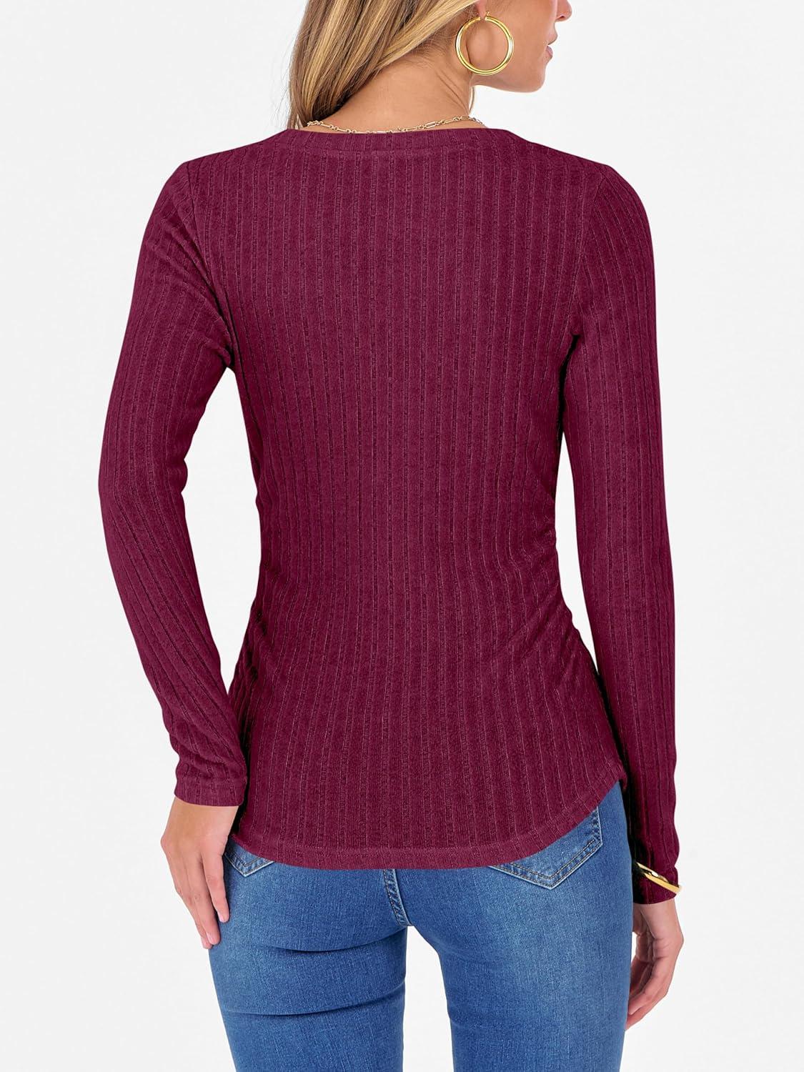 imageANRABESS Womens Long Sleeve Shirts V Neck Ribbed Knit Slim Fit Lightweight Sweater 2025 Fall Dressy Casual Travel Work TopsBurgundy