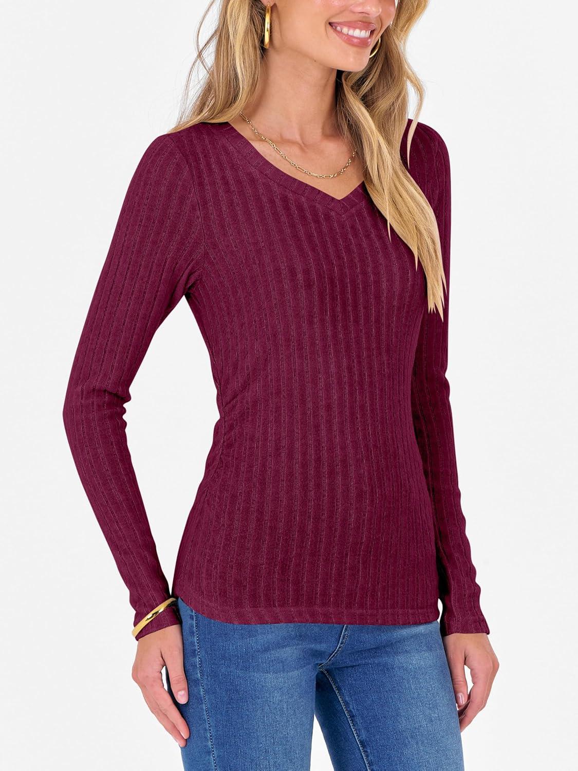 imageANRABESS Womens Long Sleeve Shirts V Neck Ribbed Knit Slim Fit Lightweight Sweater 2025 Fall Dressy Casual Travel Work TopsBurgundy