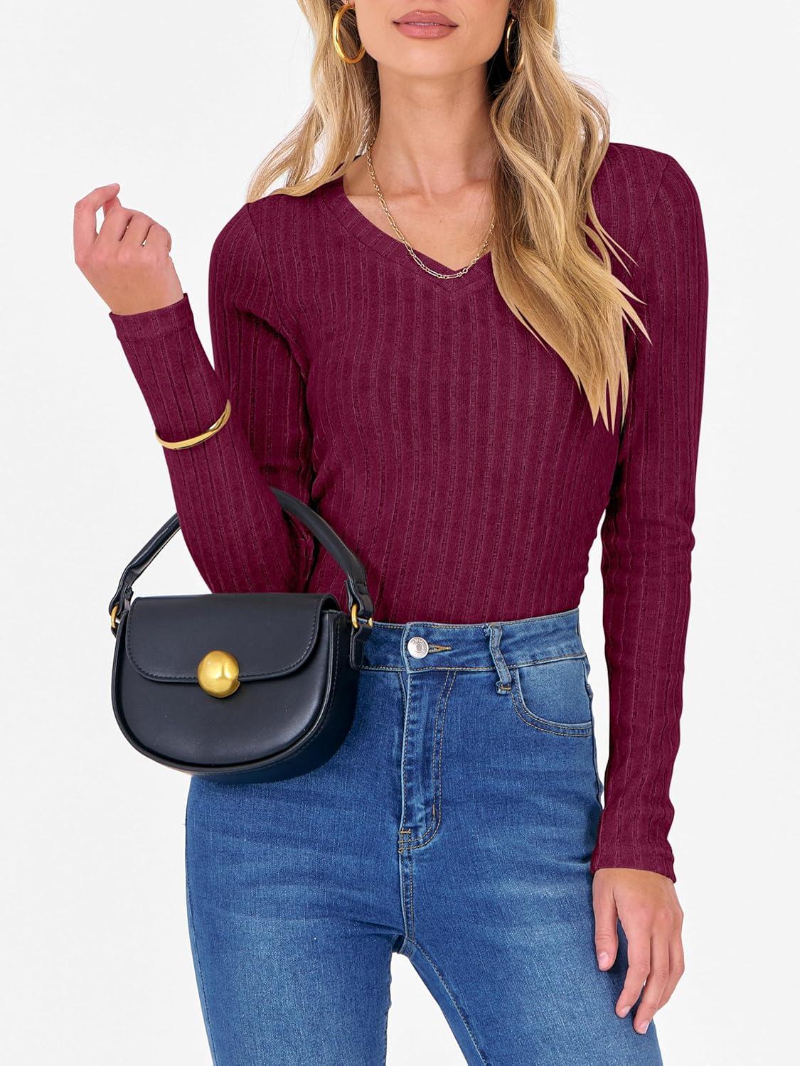imageANRABESS Womens Long Sleeve Shirts V Neck Ribbed Knit Slim Fit Lightweight Sweater 2025 Fall Dressy Casual Travel Work TopsBurgundy