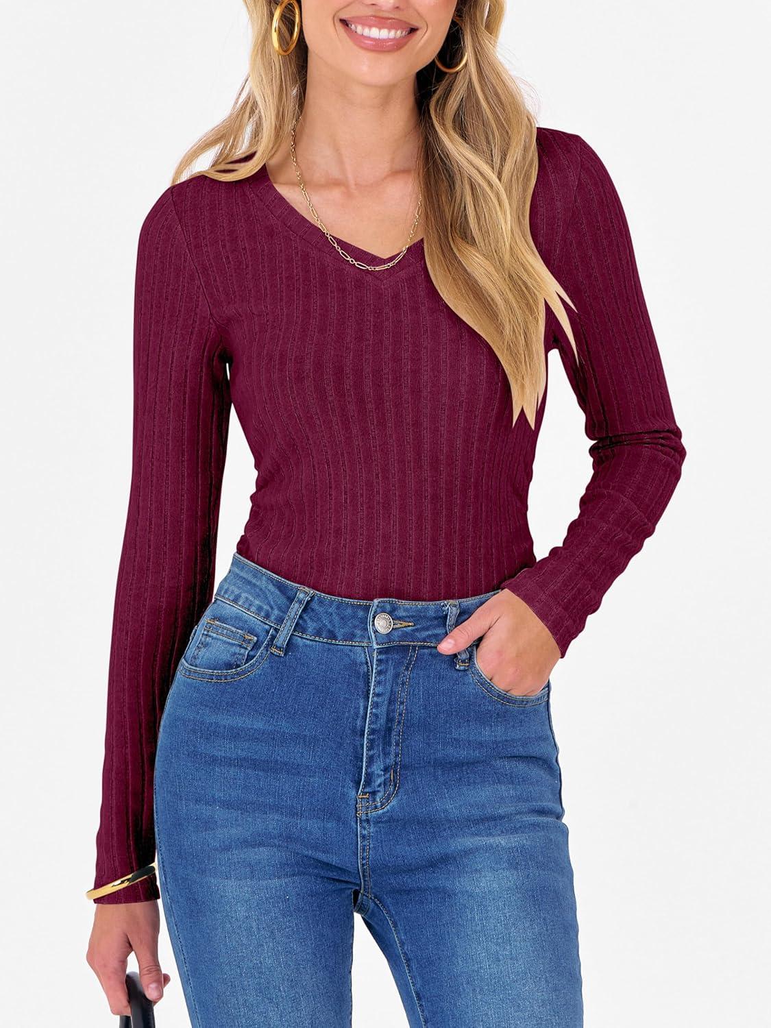 imageANRABESS Womens Long Sleeve Shirts V Neck Ribbed Knit Slim Fit Lightweight Sweater 2025 Fall Dressy Casual Travel Work TopsBurgundy