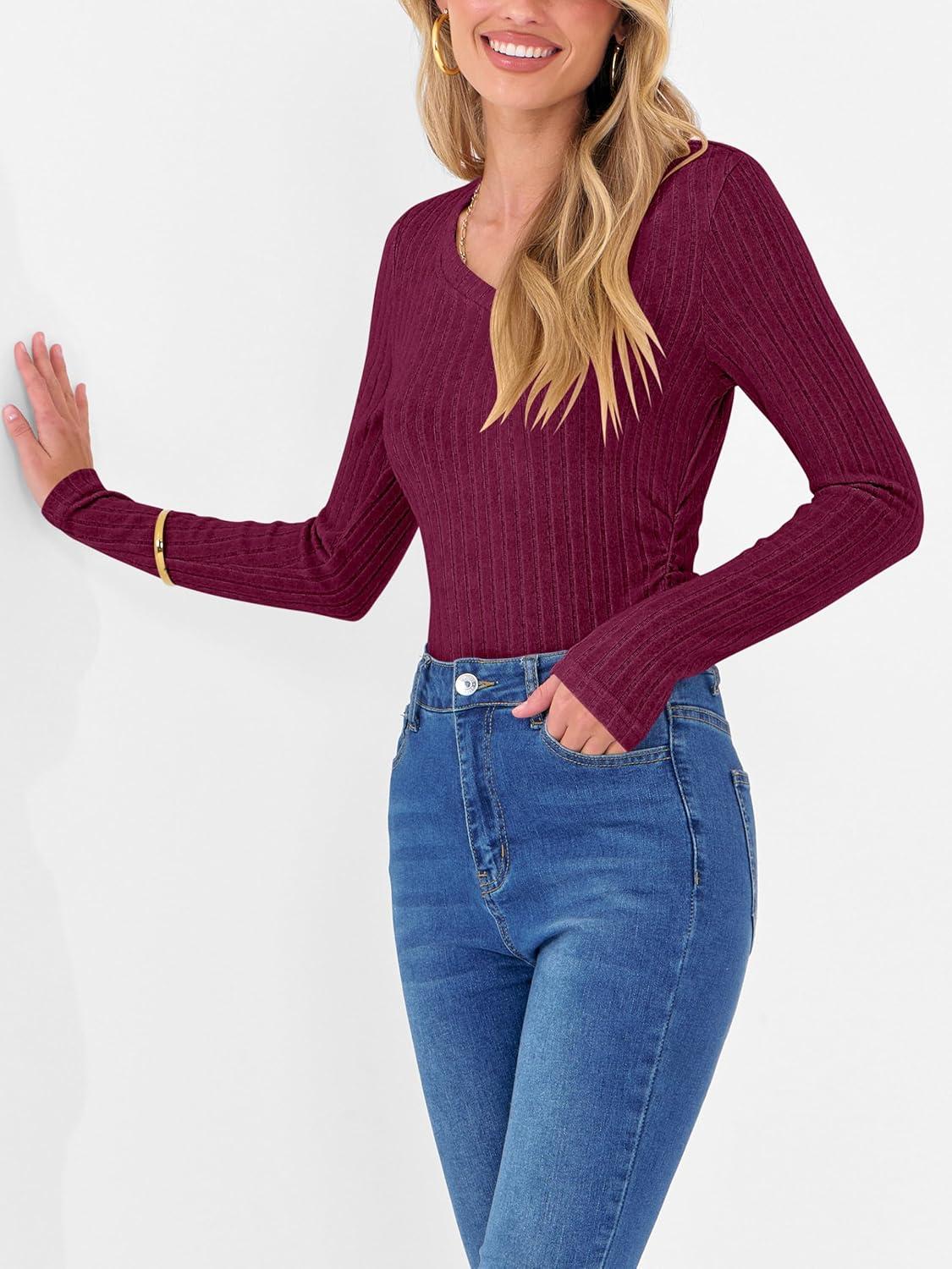 imageANRABESS Womens Long Sleeve Shirts V Neck Ribbed Knit Slim Fit Lightweight Sweater 2025 Fall Dressy Casual Travel Work TopsBurgundy