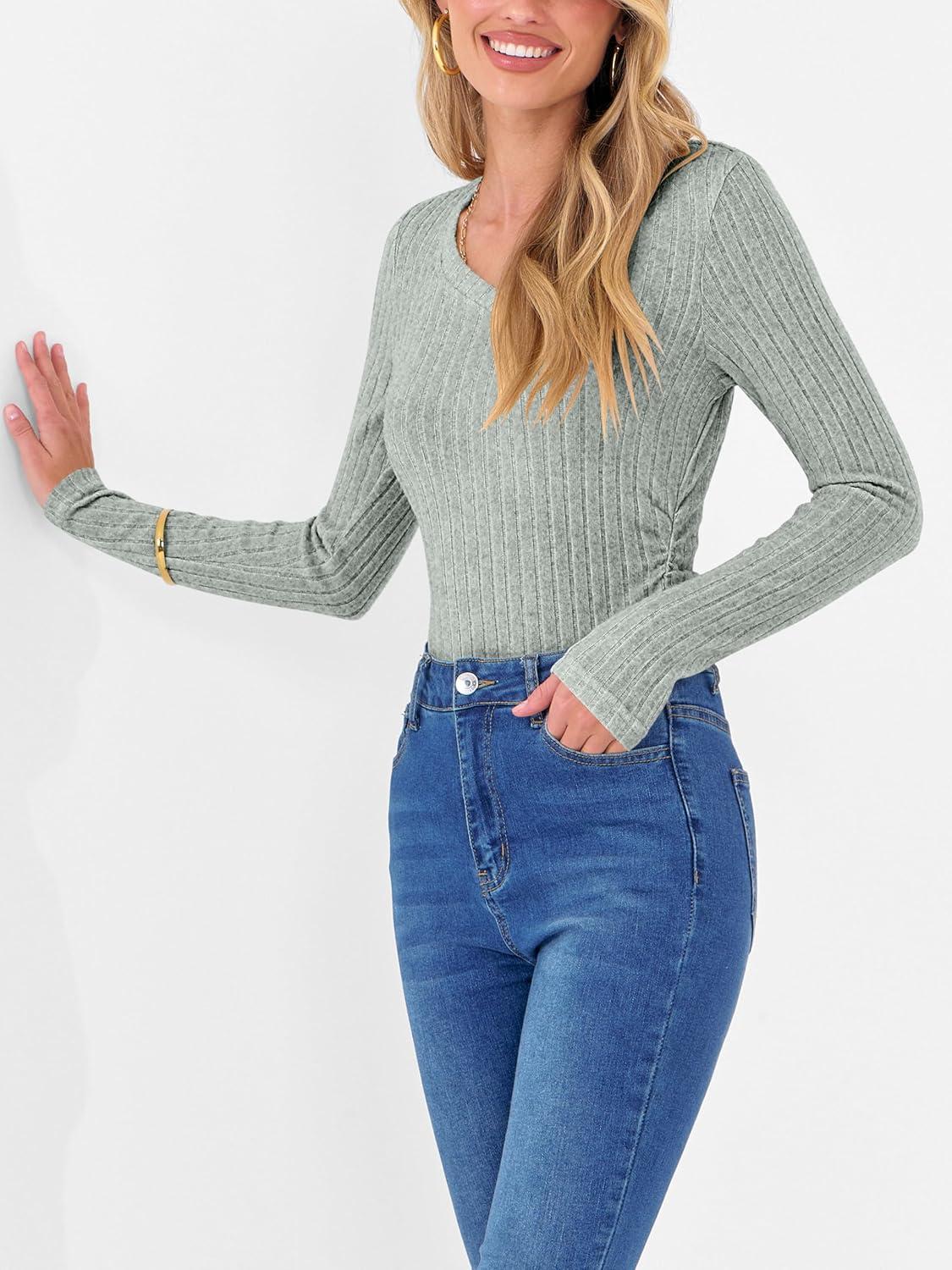 imageANRABESS Womens Long Sleeve Shirts V Neck Ribbed Knit Slim Fit Lightweight Sweater 2025 Fall Dressy Casual Travel Work TopsLight Green