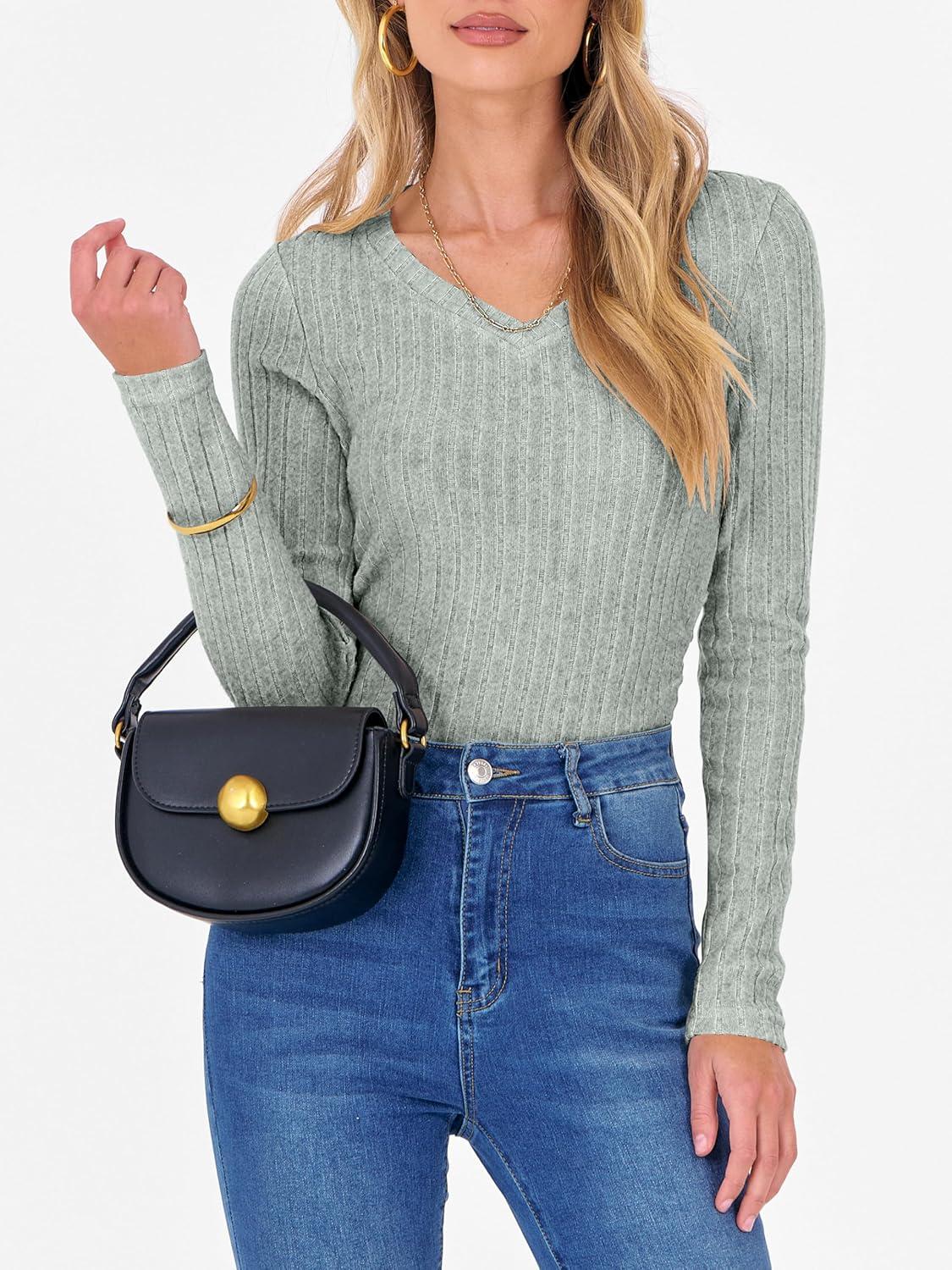 imageANRABESS Womens Long Sleeve Shirts V Neck Ribbed Knit Slim Fit Lightweight Sweater 2025 Fall Dressy Casual Travel Work TopsLight Green