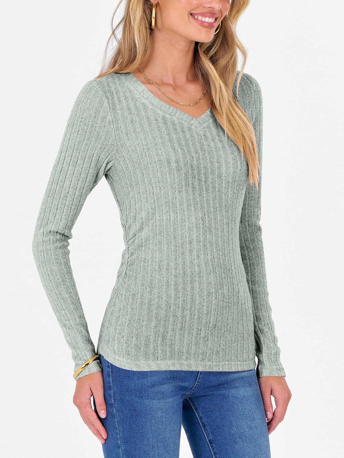 imageANRABESS Womens Long Sleeve Shirts V Neck Ribbed Knit Slim Fit Lightweight Sweater 2025 Fall Dressy Casual Travel Work TopsLight Green