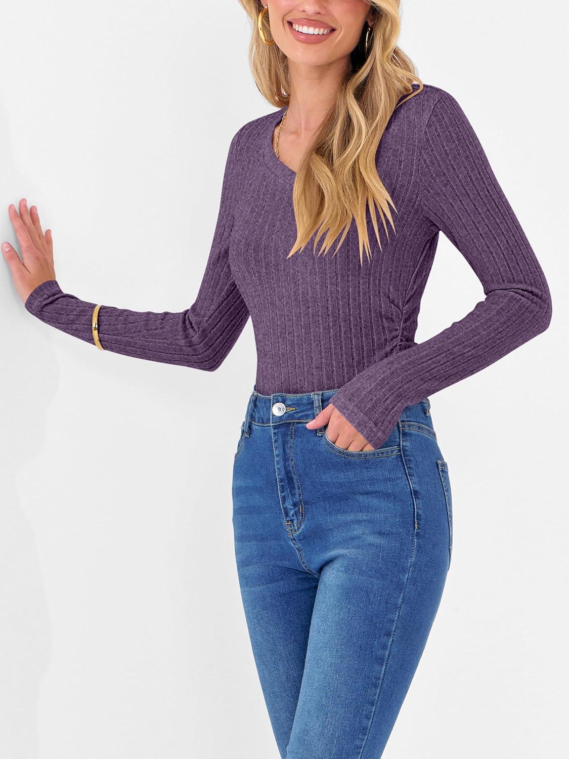 imageANRABESS Womens Long Sleeve Shirts V Neck Ribbed Knit Slim Fit Lightweight Sweater 2025 Fall Dressy Casual Travel Work TopsPurple