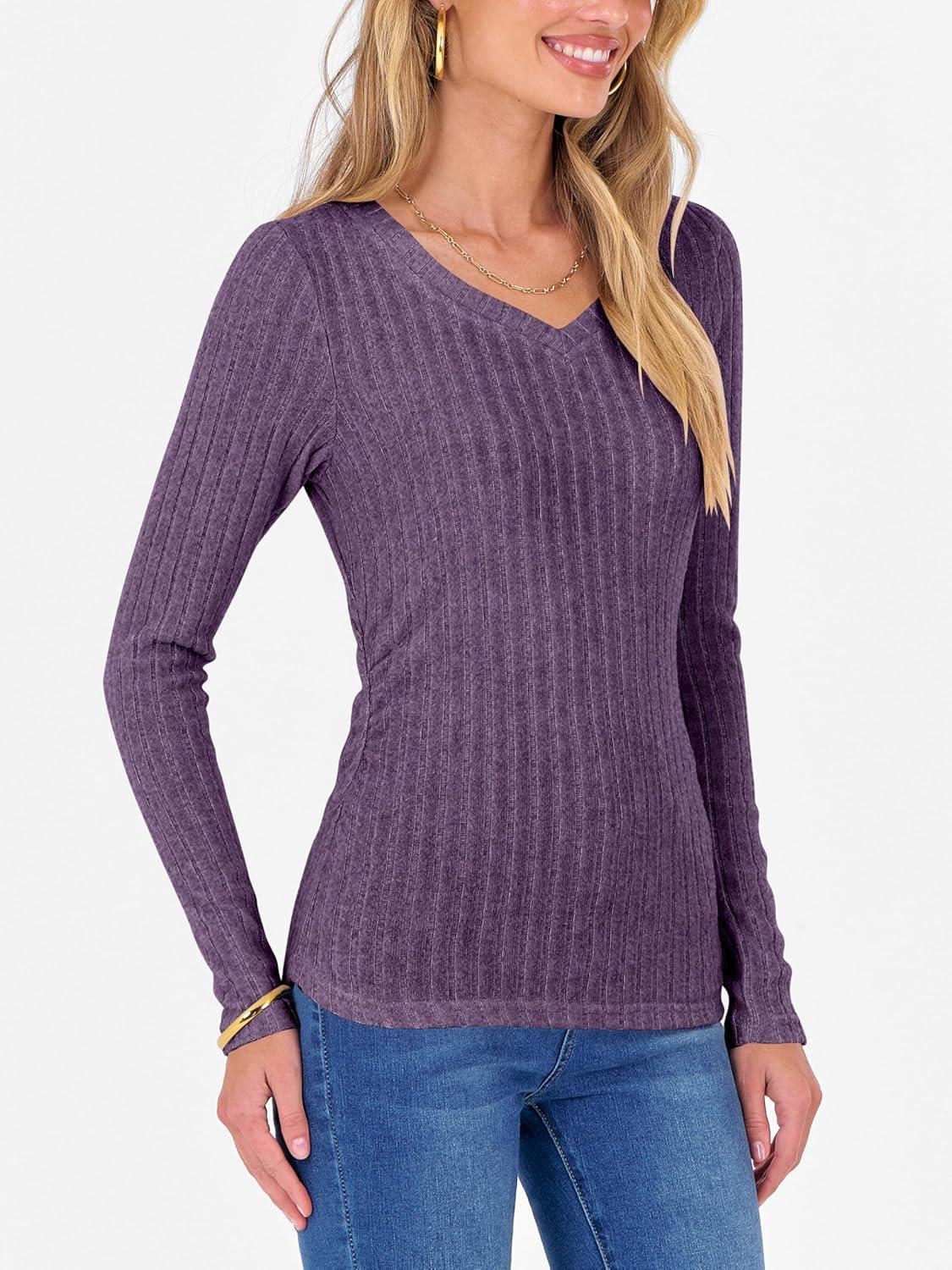 imageANRABESS Womens Long Sleeve Shirts V Neck Ribbed Knit Slim Fit Lightweight Sweater 2025 Fall Dressy Casual Travel Work TopsPurple
