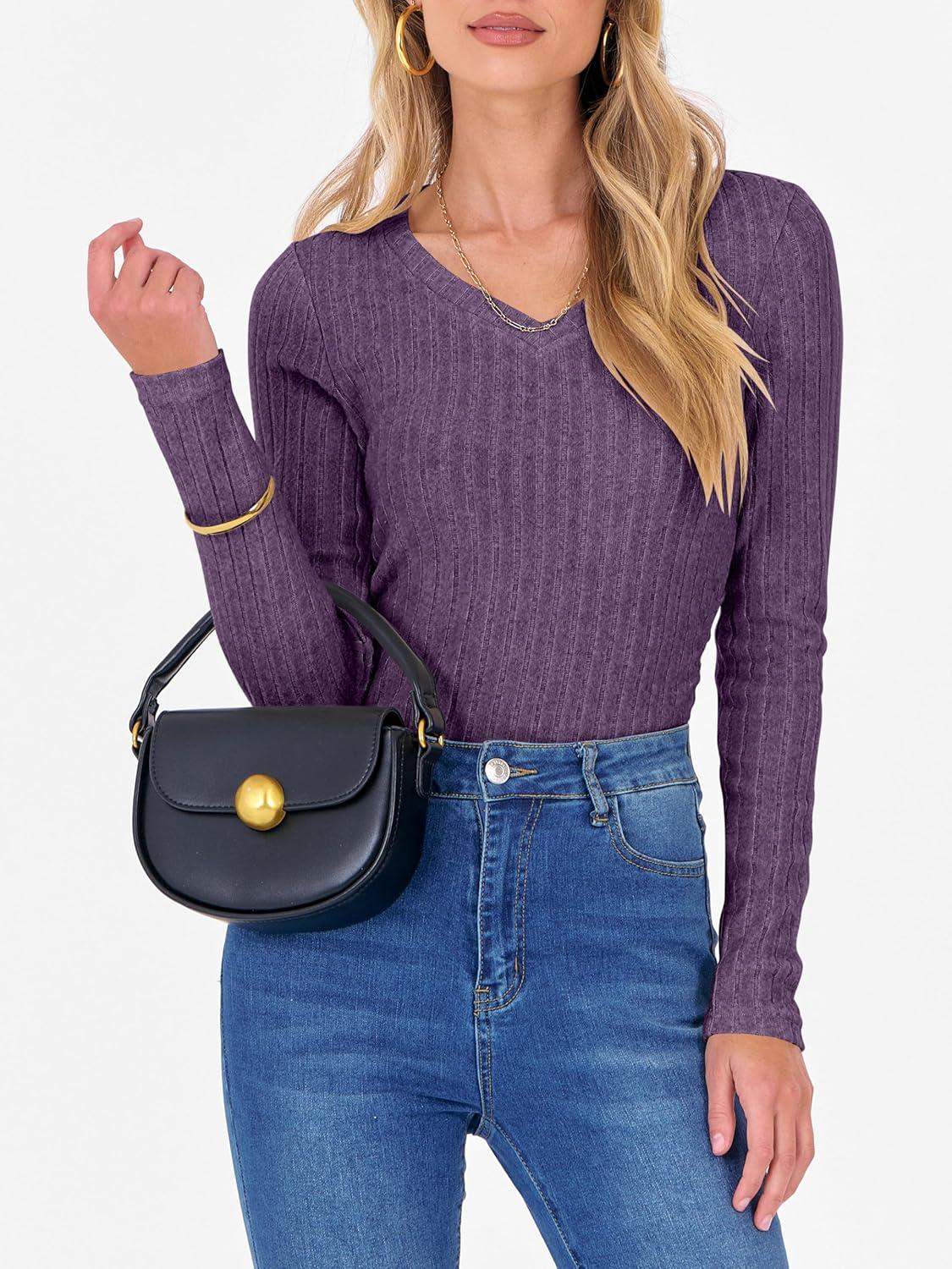 imageANRABESS Womens Long Sleeve Shirts V Neck Ribbed Knit Slim Fit Lightweight Sweater 2025 Fall Dressy Casual Travel Work TopsPurple