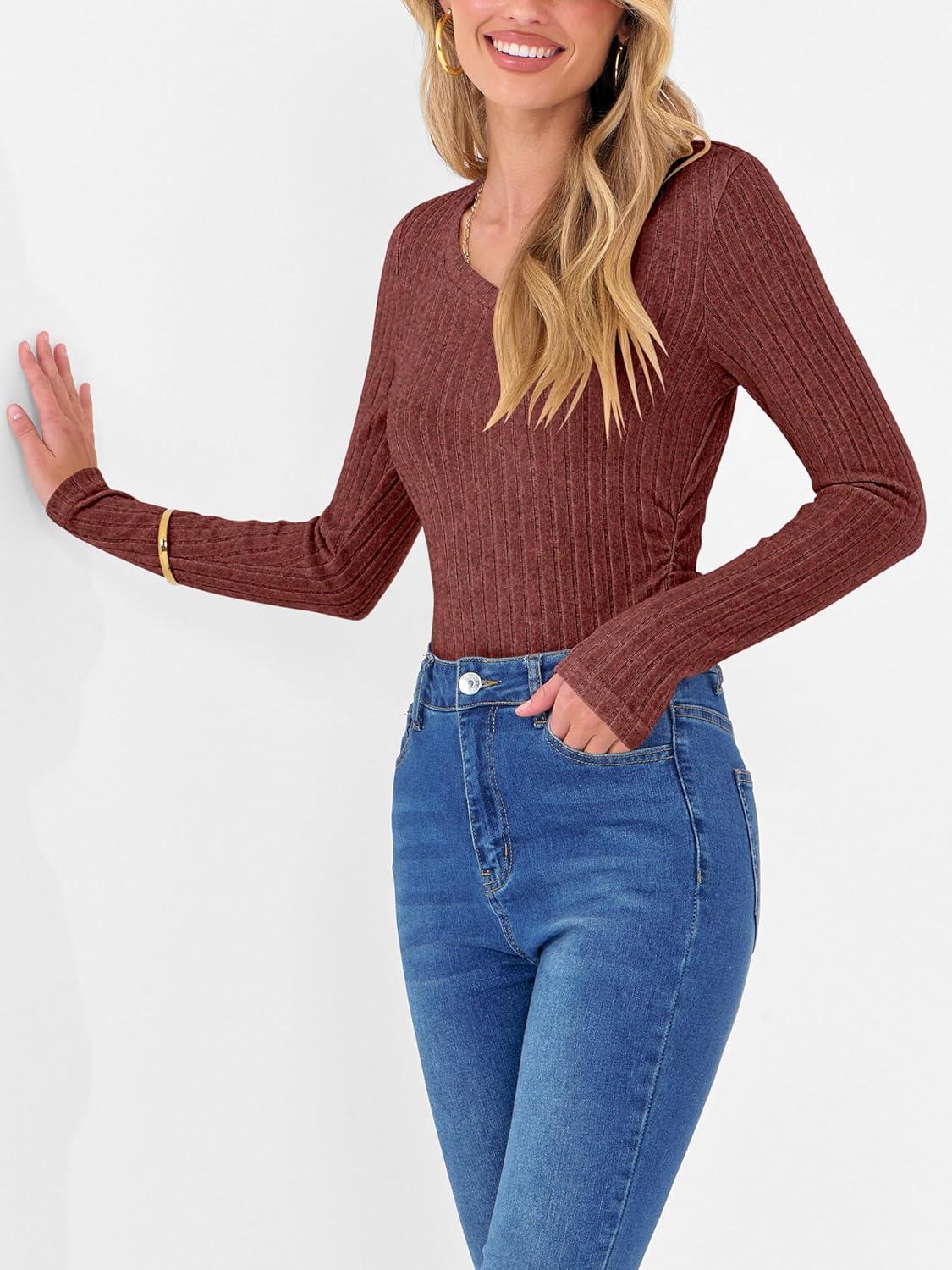 imageANRABESS Womens Long Sleeve Shirts V Neck Ribbed Knit Slim Fit Lightweight Sweater 2025 Fall Dressy Casual Travel Work TopsRust Orange