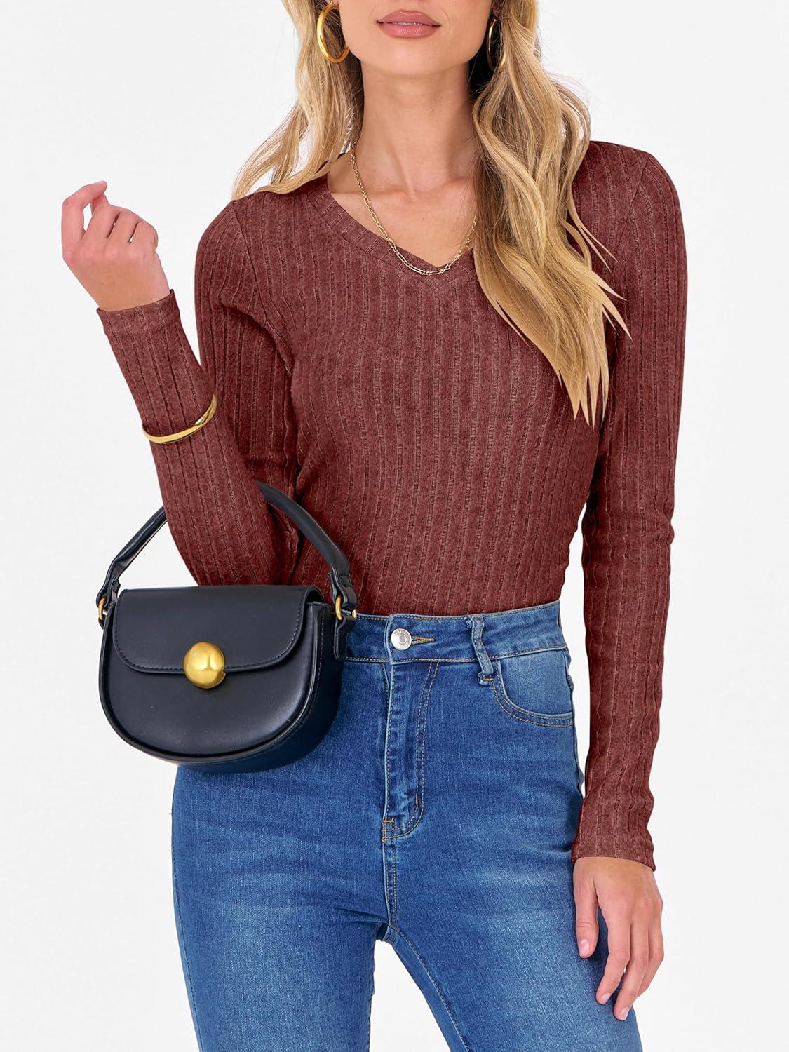 imageANRABESS Womens Long Sleeve Shirts V Neck Ribbed Knit Slim Fit Lightweight Sweater 2025 Fall Dressy Casual Travel Work TopsRust Orange