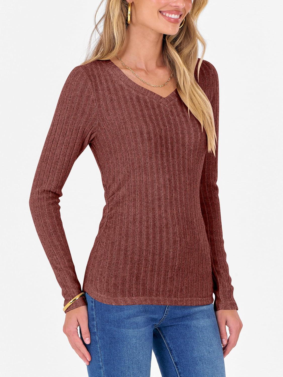 imageANRABESS Womens Long Sleeve Shirts V Neck Ribbed Knit Slim Fit Lightweight Sweater 2025 Fall Dressy Casual Travel Work TopsRust Orange