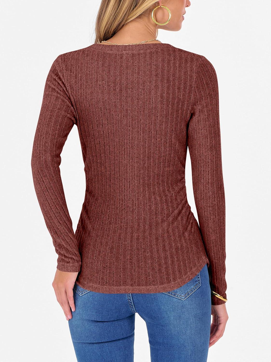 imageANRABESS Womens Long Sleeve Shirts V Neck Ribbed Knit Slim Fit Lightweight Sweater 2025 Fall Dressy Casual Travel Work TopsRust Orange