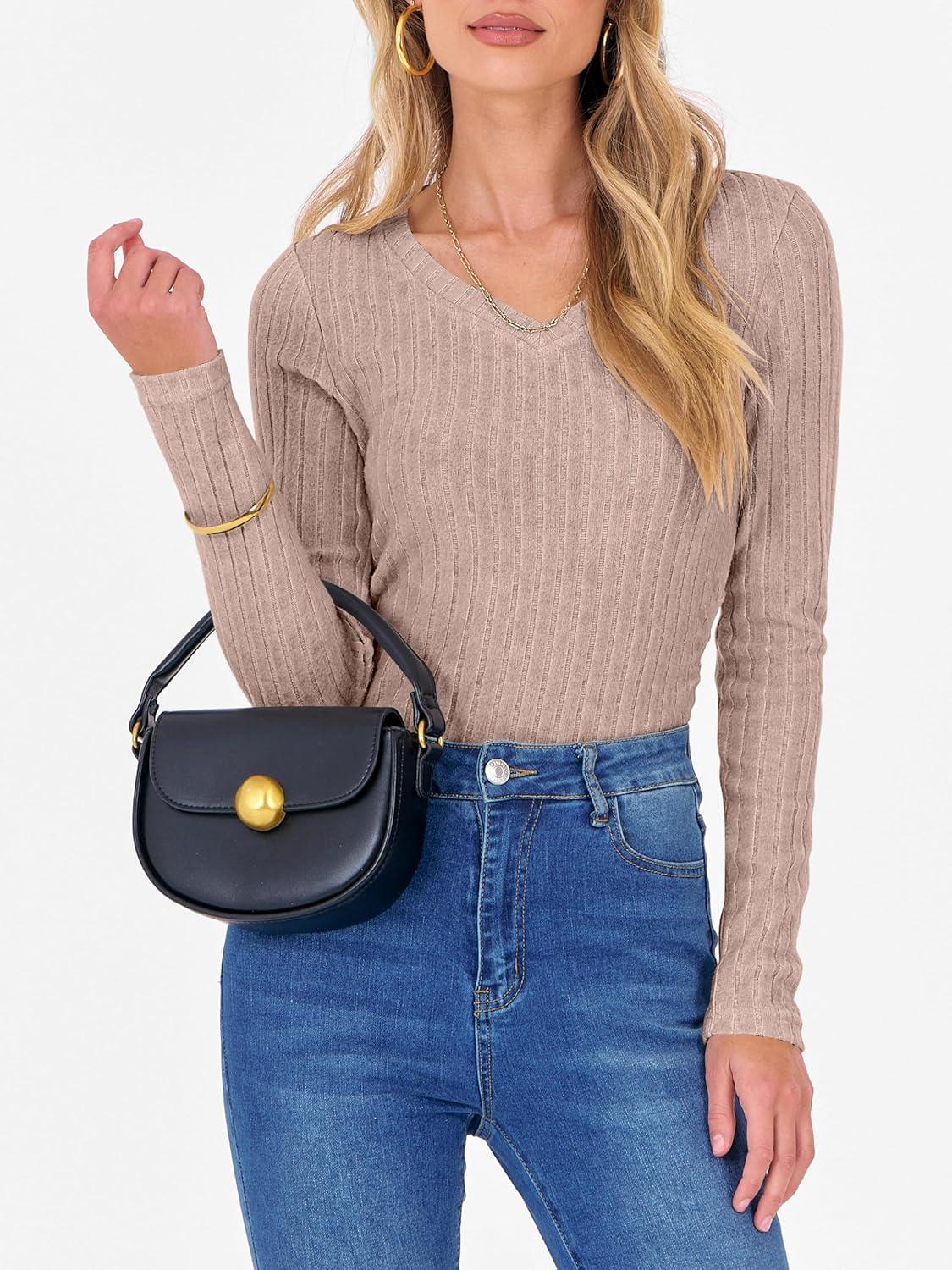 imageANRABESS Womens Long Sleeve Shirts V Neck Ribbed Knit Slim Fit Lightweight Sweater 2025 Fall Dressy Casual Travel Work TopsTan