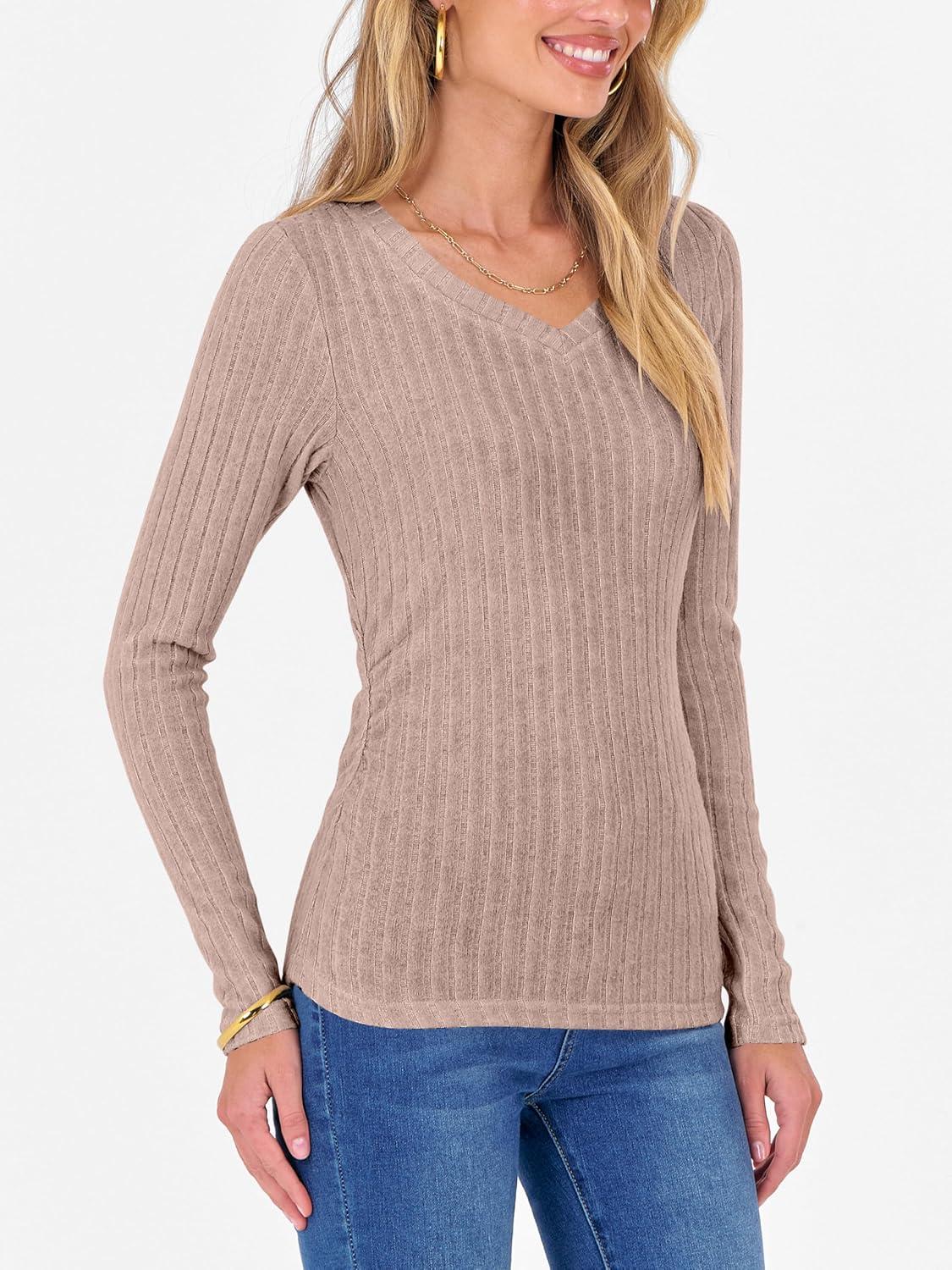 imageANRABESS Womens Long Sleeve Shirts V Neck Ribbed Knit Slim Fit Lightweight Sweater 2025 Fall Dressy Casual Travel Work TopsTan