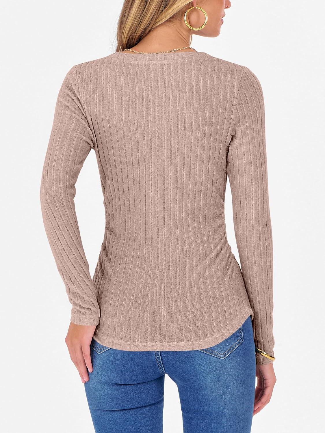 imageANRABESS Womens Long Sleeve Shirts V Neck Ribbed Knit Slim Fit Lightweight Sweater 2025 Fall Dressy Casual Travel Work TopsTan