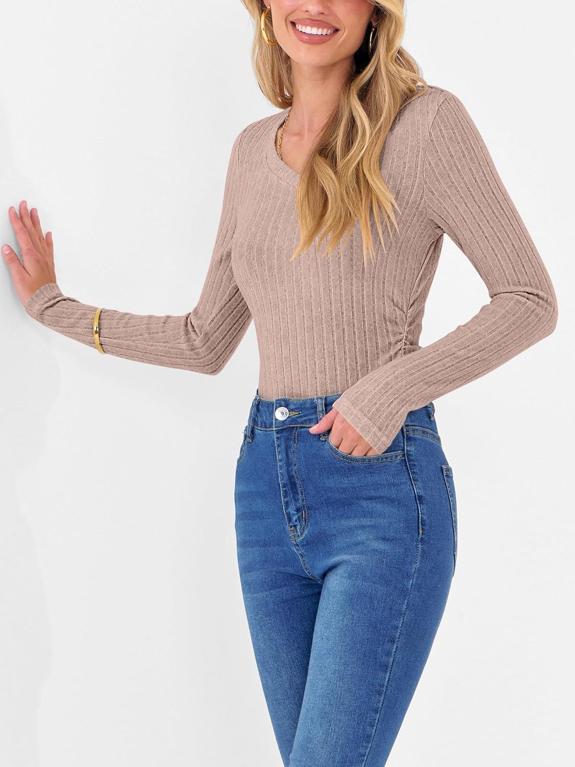 imageANRABESS Womens Long Sleeve Shirts V Neck Ribbed Knit Slim Fit Lightweight Sweater 2025 Fall Dressy Casual Travel Work TopsTan