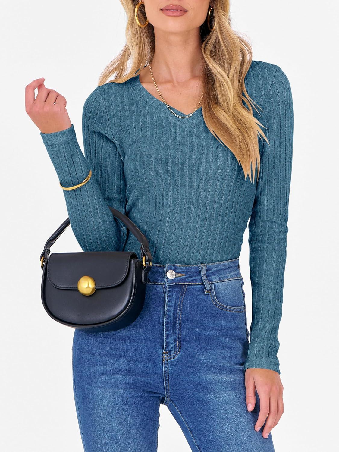 imageANRABESS Womens Long Sleeve Shirts V Neck Ribbed Knit Slim Fit Lightweight Sweater 2025 Fall Dressy Casual Travel Work TopsTeal