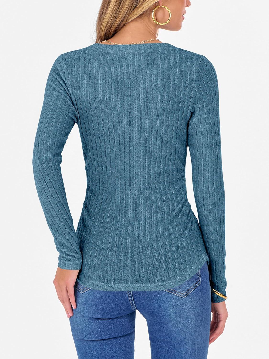 imageANRABESS Womens Long Sleeve Shirts V Neck Ribbed Knit Slim Fit Lightweight Sweater 2025 Fall Dressy Casual Travel Work TopsTeal