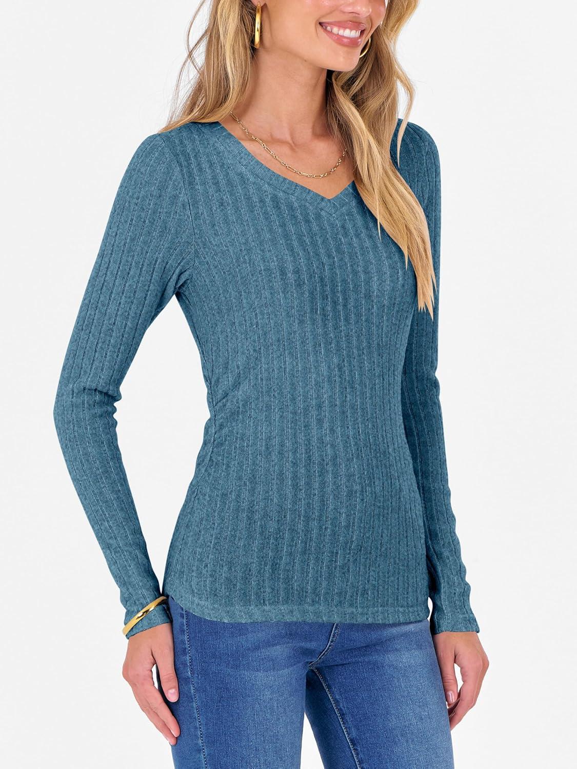 imageANRABESS Womens Long Sleeve Shirts V Neck Ribbed Knit Slim Fit Lightweight Sweater 2025 Fall Dressy Casual Travel Work TopsTeal