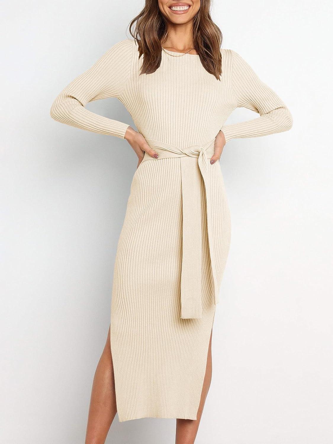 imageANRABESS Womens Long Sleeve Sweater Dress Crew Neck Slim Fit Slit Tie Waist 2025 Ribbed Knit Bodycon Midi Dress Fall OutfitsBeige