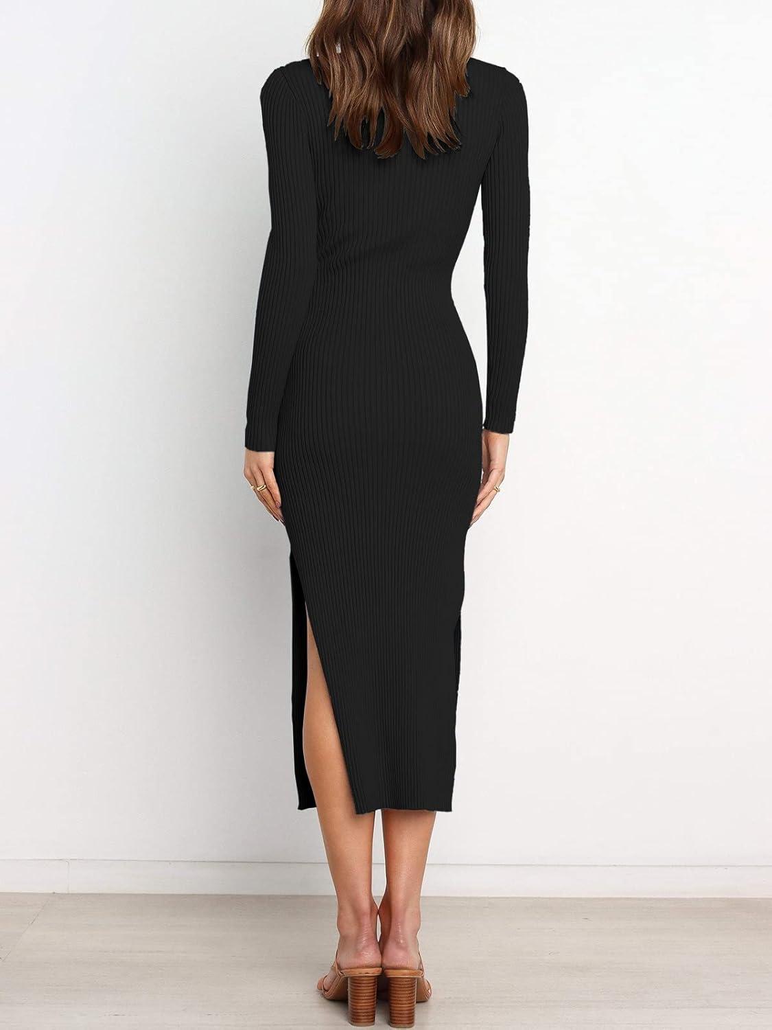 imageANRABESS Womens Long Sleeve Sweater Dress Crew Neck Slim Fit Slit Tie Waist 2025 Ribbed Knit Bodycon Midi Dress Fall OutfitsBlack