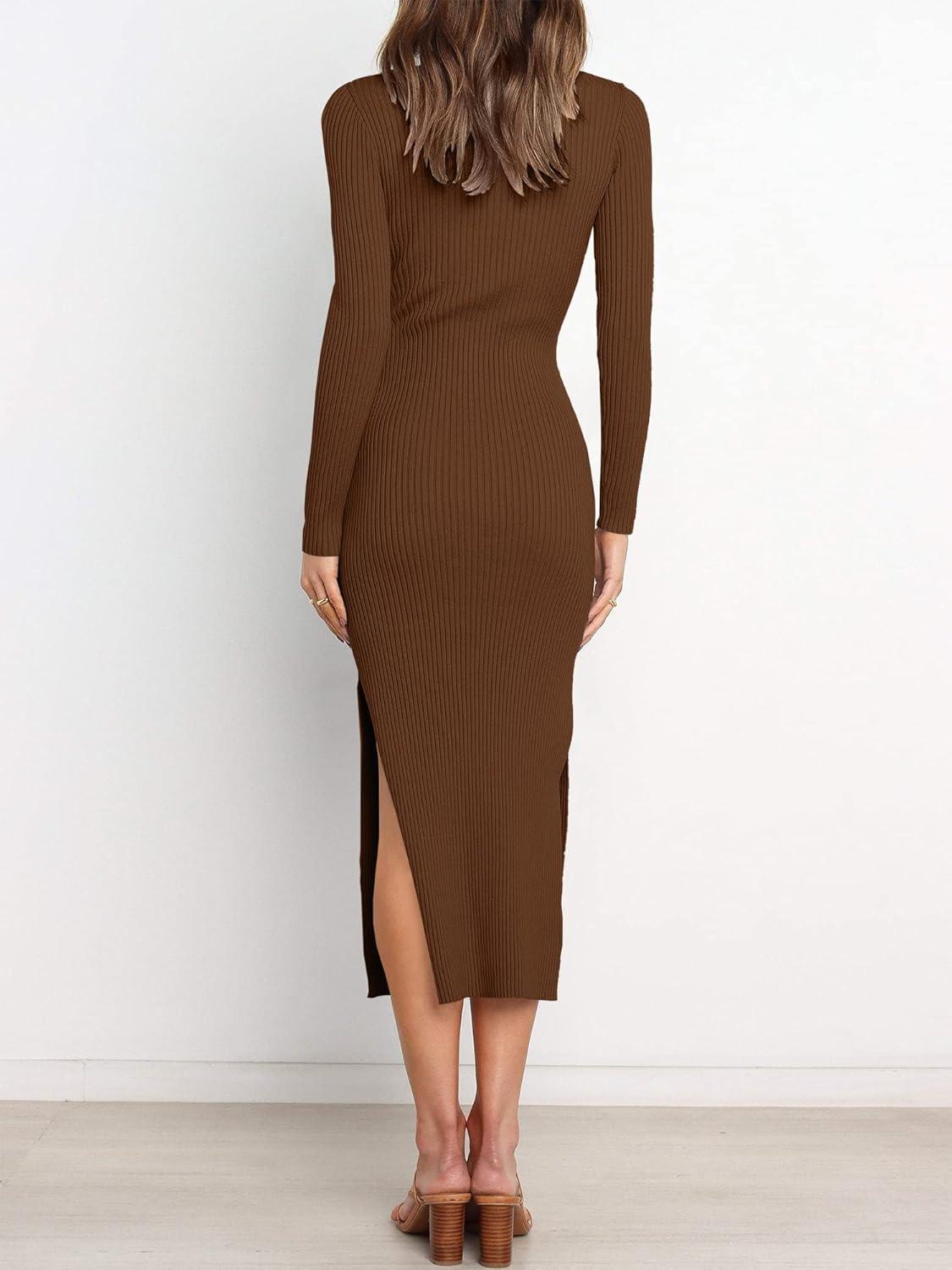 imageANRABESS Womens Long Sleeve Sweater Dress Crew Neck Slim Fit Slit Tie Waist 2025 Ribbed Knit Bodycon Midi Dress Fall OutfitsBrown