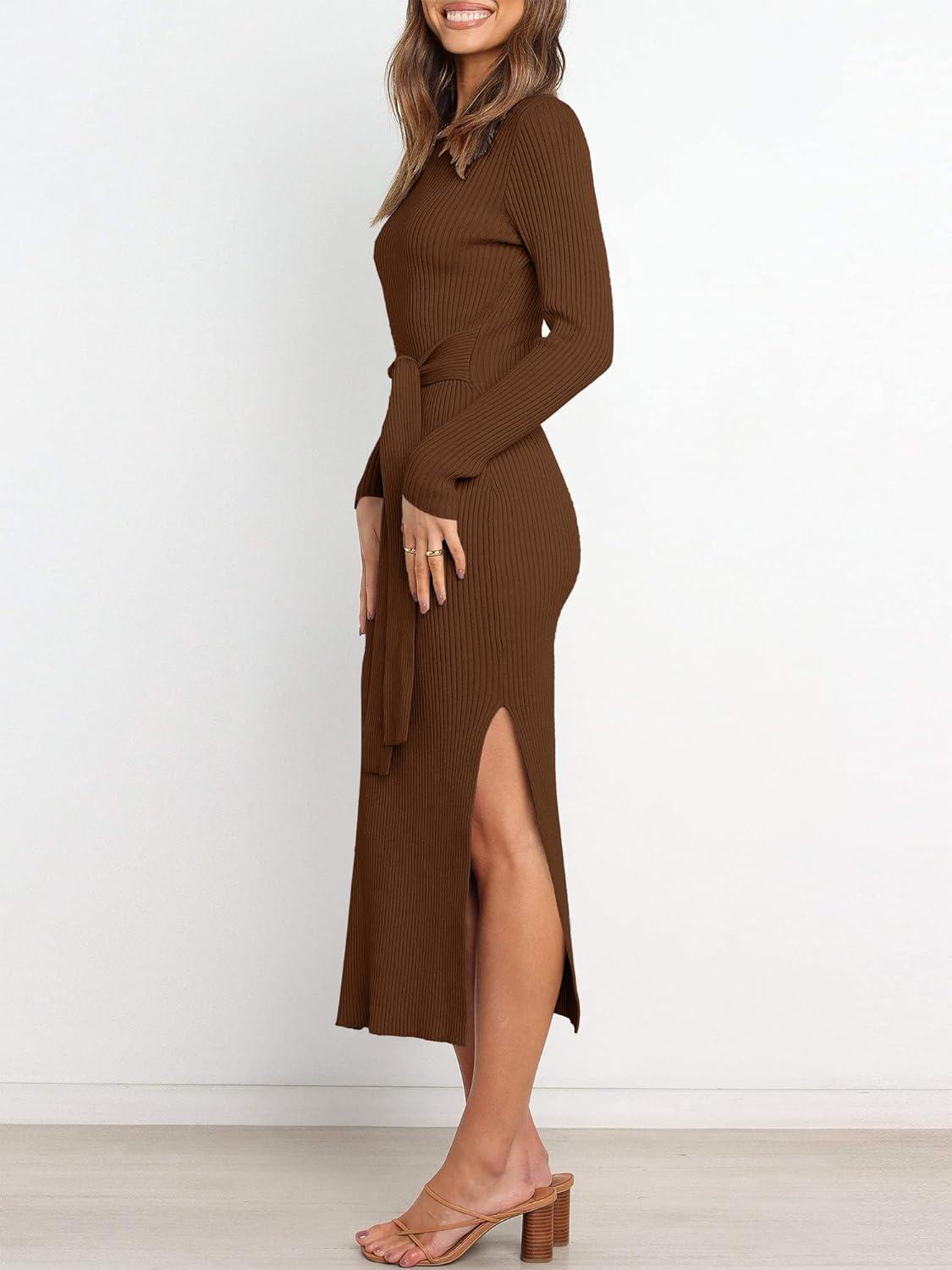 imageANRABESS Womens Long Sleeve Sweater Dress Crew Neck Slim Fit Slit Tie Waist 2025 Ribbed Knit Bodycon Midi Dress Fall OutfitsBrown