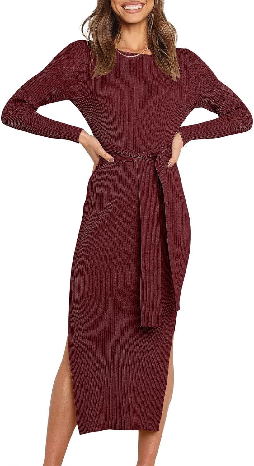imageANRABESS Womens Long Sleeve Sweater Dress Crew Neck Slim Fit Slit Tie Waist 2025 Ribbed Knit Bodycon Midi Dress Fall OutfitsBurgundy