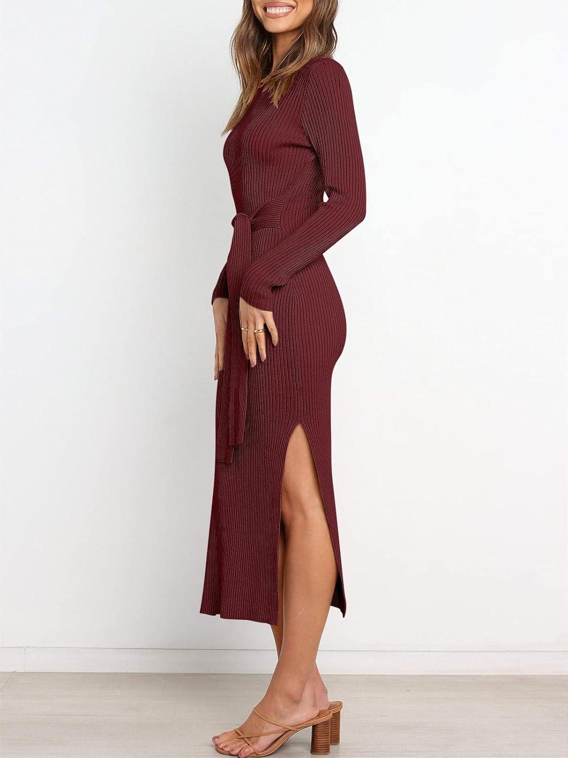 imageANRABESS Womens Long Sleeve Sweater Dress Crew Neck Slim Fit Slit Tie Waist 2025 Ribbed Knit Bodycon Midi Dress Fall OutfitsBurgundy