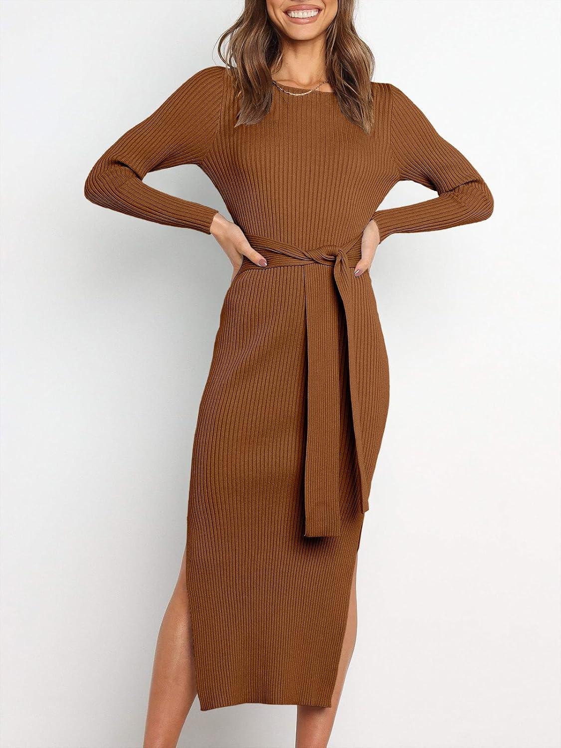 imageANRABESS Womens Long Sleeve Sweater Dress Crew Neck Slim Fit Slit Tie Waist 2025 Ribbed Knit Bodycon Midi Dress Fall OutfitsCaramel