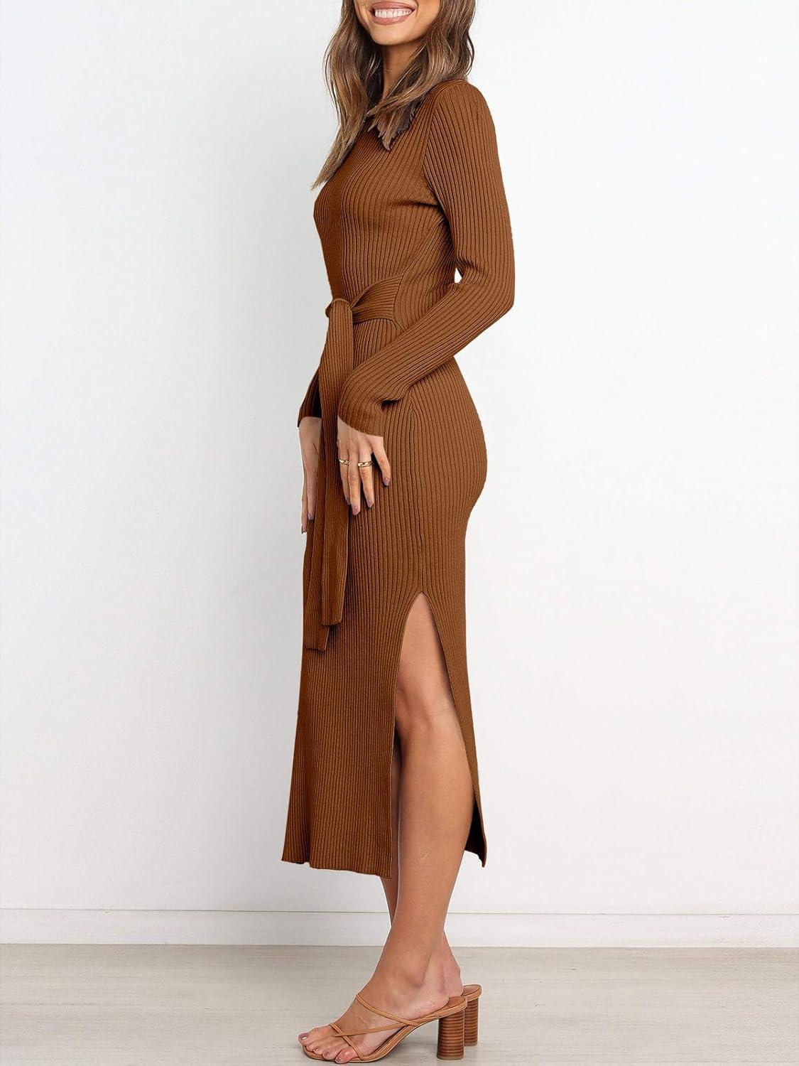 imageANRABESS Womens Long Sleeve Sweater Dress Crew Neck Slim Fit Slit Tie Waist 2025 Ribbed Knit Bodycon Midi Dress Fall OutfitsCaramel