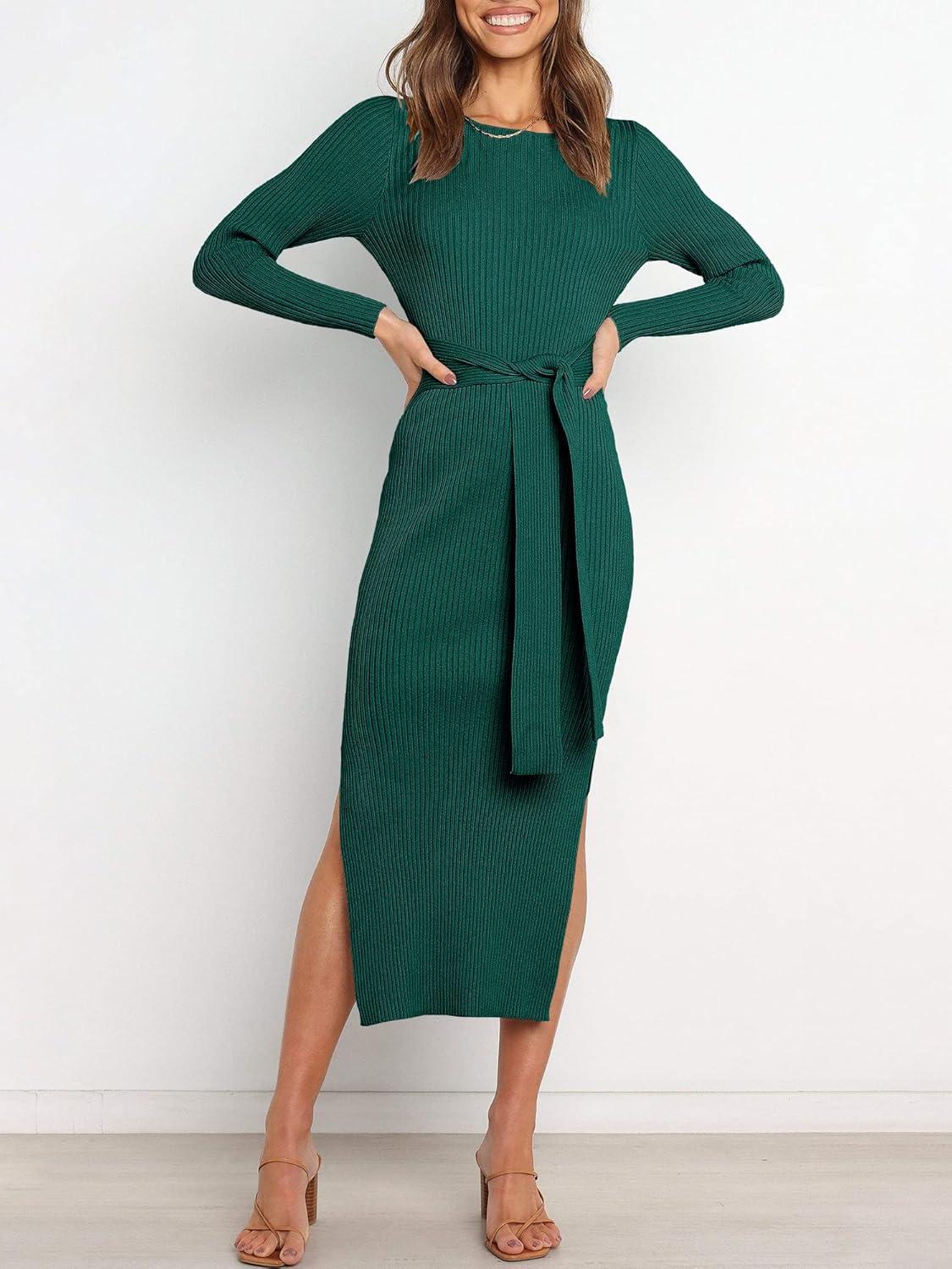 imageANRABESS Womens Long Sleeve Sweater Dress Crew Neck Slim Fit Slit Tie Waist 2025 Ribbed Knit Bodycon Midi Dress Fall OutfitsDark Green