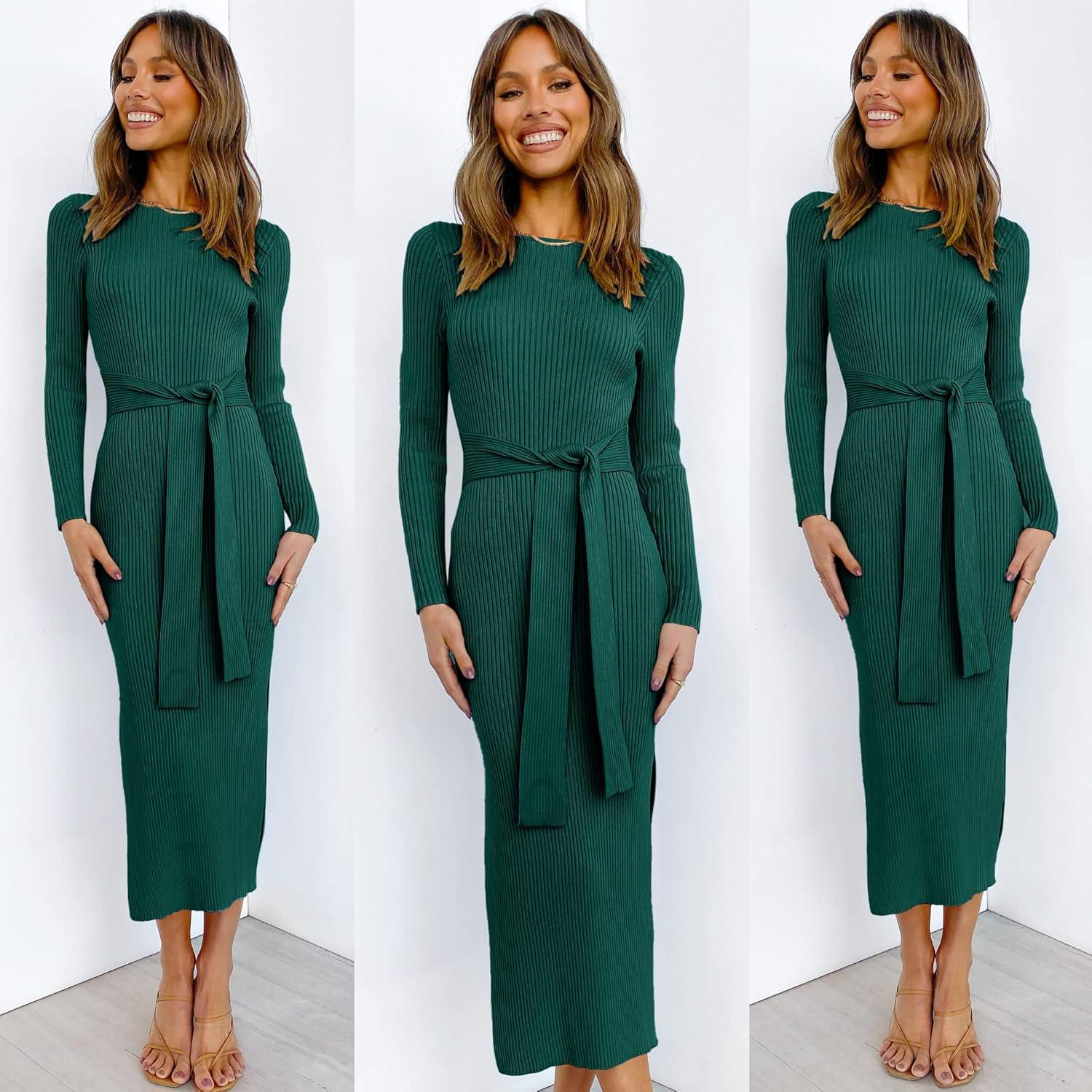 imageANRABESS Womens Long Sleeve Sweater Dress Crew Neck Slim Fit Slit Tie Waist 2025 Ribbed Knit Bodycon Midi Dress Fall OutfitsDark Green