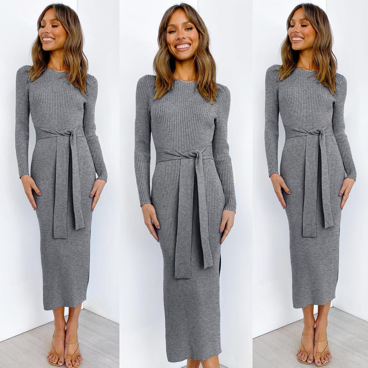 imageANRABESS Womens Long Sleeve Sweater Dress Crew Neck Slim Fit Slit Tie Waist 2025 Ribbed Knit Bodycon Midi Dress Fall OutfitsDark Grey