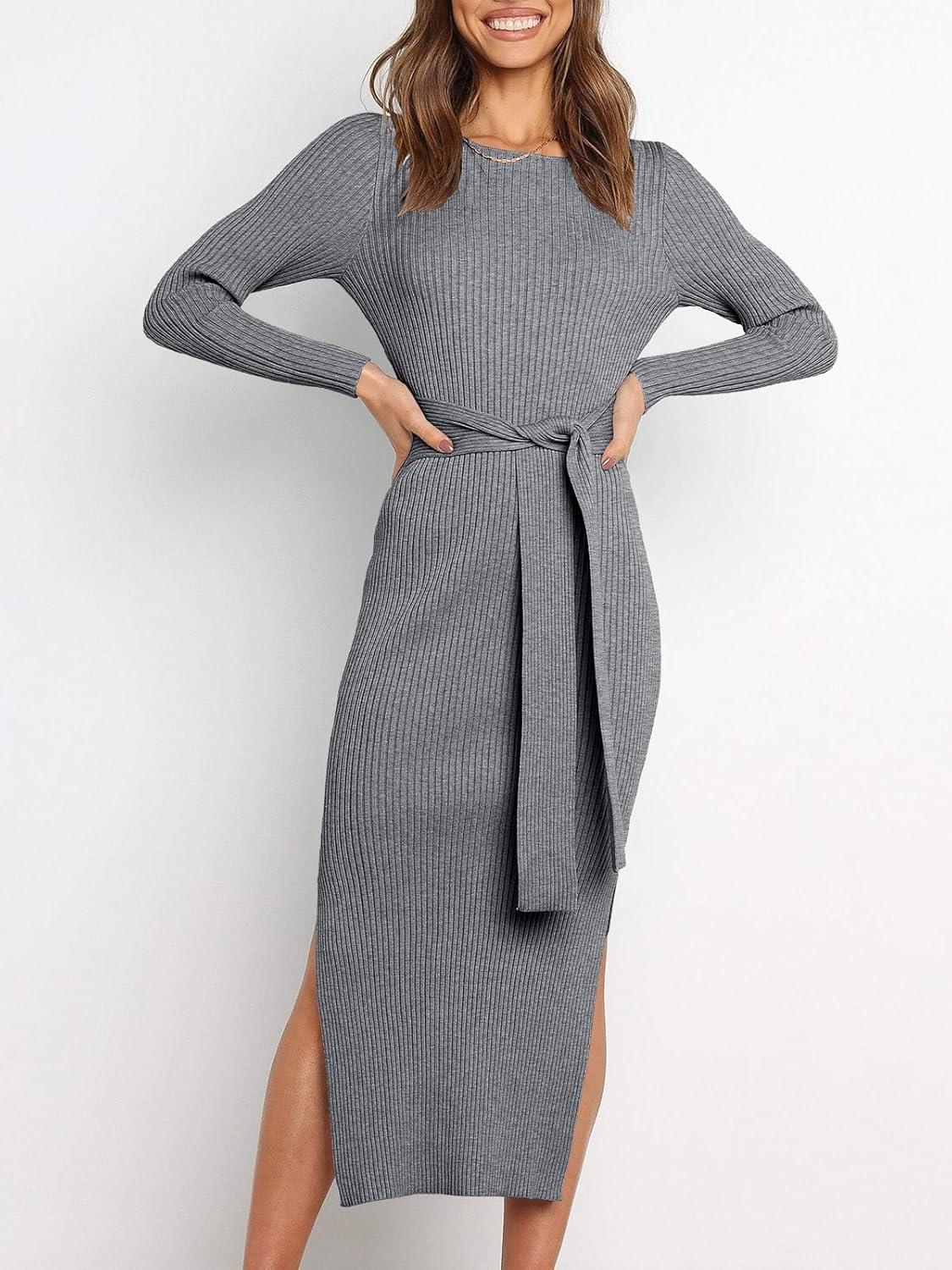 imageANRABESS Womens Long Sleeve Sweater Dress Crew Neck Slim Fit Slit Tie Waist 2025 Ribbed Knit Bodycon Midi Dress Fall OutfitsDark Grey