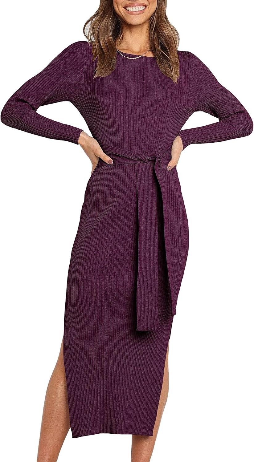 imageANRABESS Womens Long Sleeve Sweater Dress Crew Neck Slim Fit Slit Tie Waist 2025 Ribbed Knit Bodycon Midi Dress Fall OutfitsDark Purple