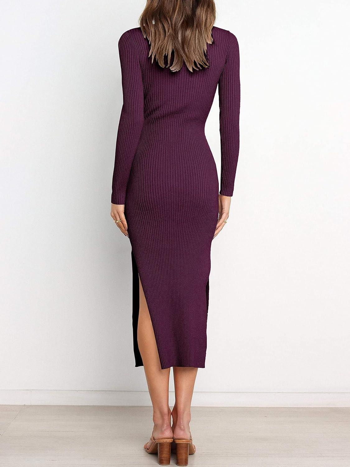 imageANRABESS Womens Long Sleeve Sweater Dress Crew Neck Slim Fit Slit Tie Waist 2025 Ribbed Knit Bodycon Midi Dress Fall OutfitsDark Purple