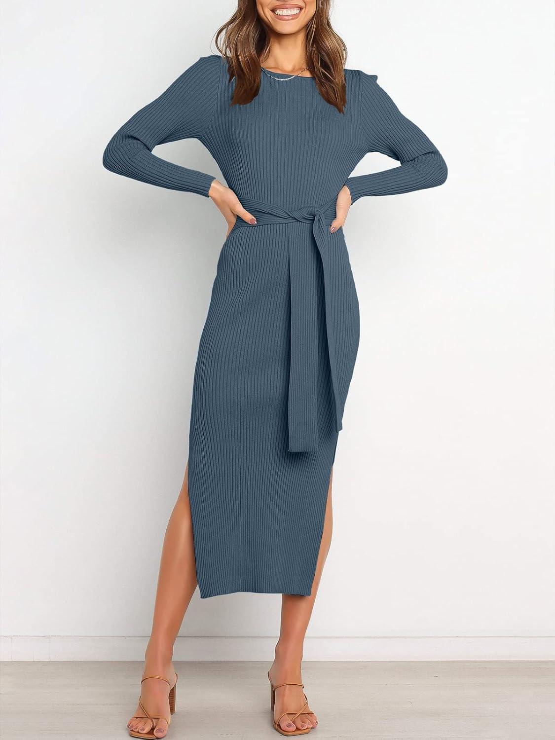 imageANRABESS Womens Long Sleeve Sweater Dress Crew Neck Slim Fit Slit Tie Waist 2025 Ribbed Knit Bodycon Midi Dress Fall OutfitsDusty Blue