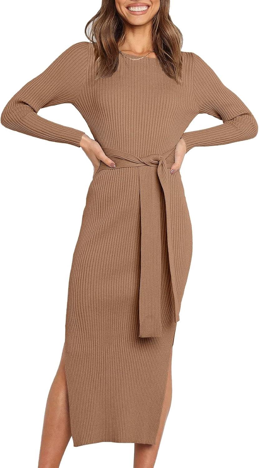 imageANRABESS Womens Long Sleeve Sweater Dress Crew Neck Slim Fit Slit Tie Waist 2025 Ribbed Knit Bodycon Midi Dress Fall OutfitsKhaki