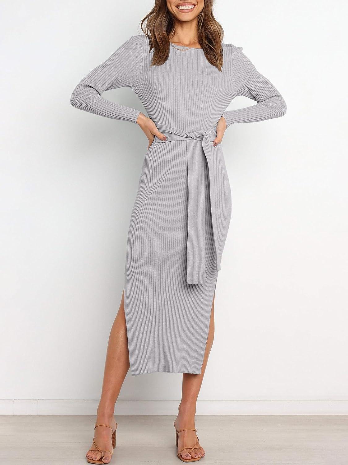 imageANRABESS Womens Long Sleeve Sweater Dress Crew Neck Slim Fit Slit Tie Waist 2025 Ribbed Knit Bodycon Midi Dress Fall OutfitsLight Grey