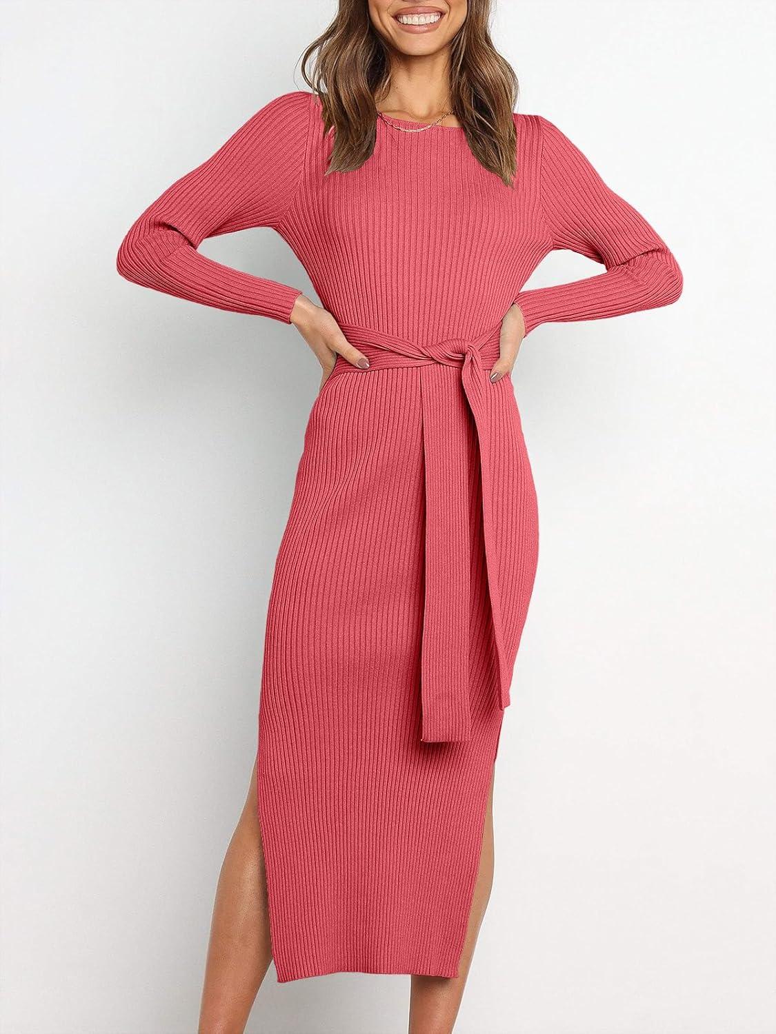 imageANRABESS Womens Long Sleeve Sweater Dress Crew Neck Slim Fit Slit Tie Waist 2025 Ribbed Knit Bodycon Midi Dress Fall OutfitsMaroon
