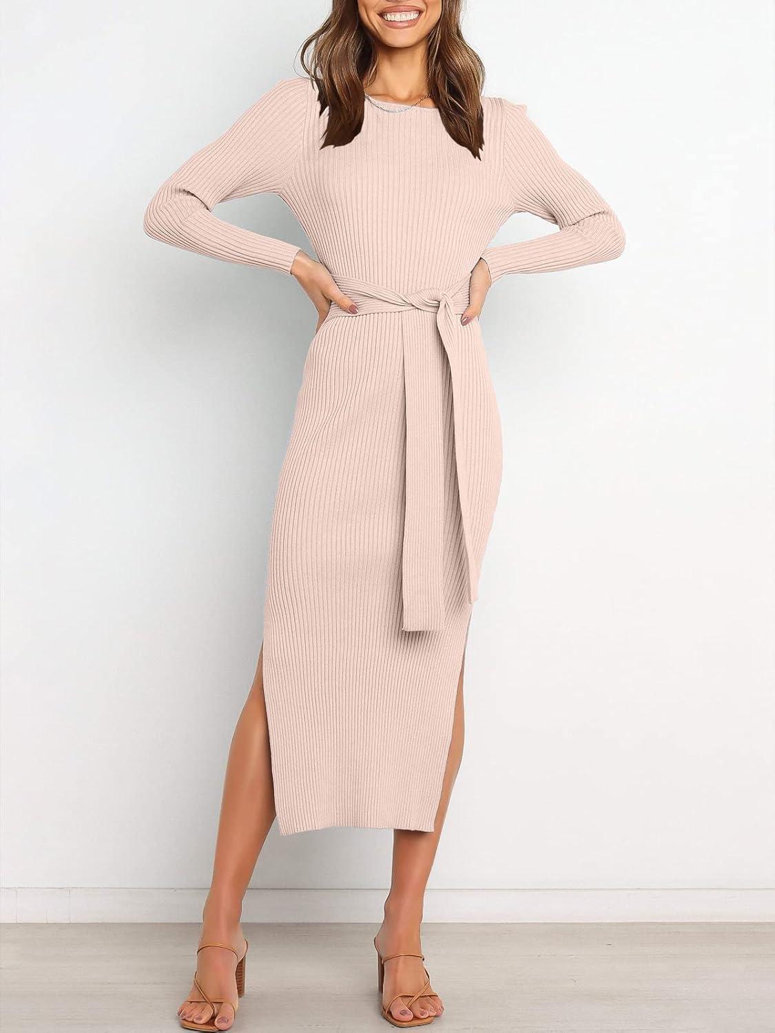 imageANRABESS Womens Long Sleeve Sweater Dress Crew Neck Slim Fit Slit Tie Waist 2025 Ribbed Knit Bodycon Midi Dress Fall OutfitsPink