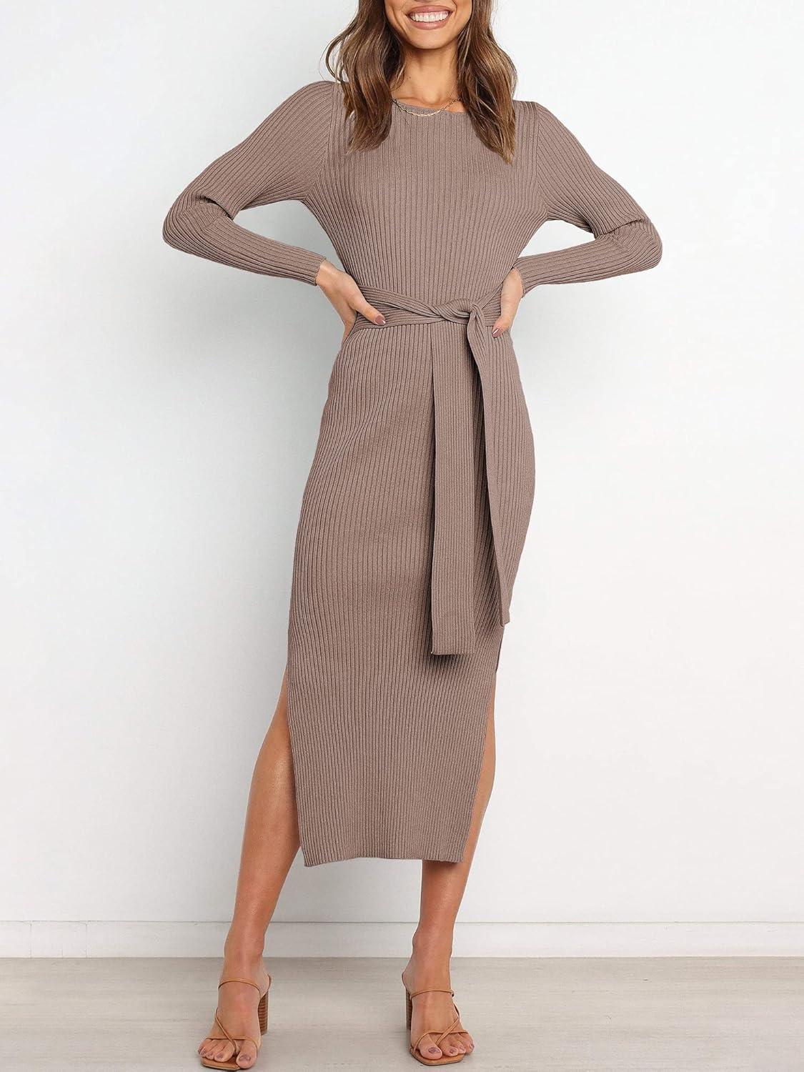 imageANRABESS Womens Long Sleeve Sweater Dress Crew Neck Slim Fit Slit Tie Waist 2025 Ribbed Knit Bodycon Midi Dress Fall OutfitsPink Almond