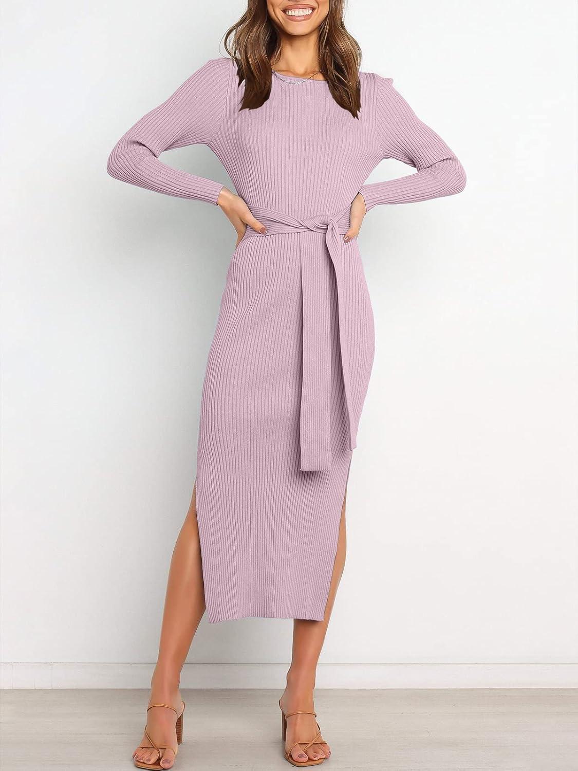 imageANRABESS Womens Long Sleeve Sweater Dress Crew Neck Slim Fit Slit Tie Waist 2025 Ribbed Knit Bodycon Midi Dress Fall OutfitsPurple
