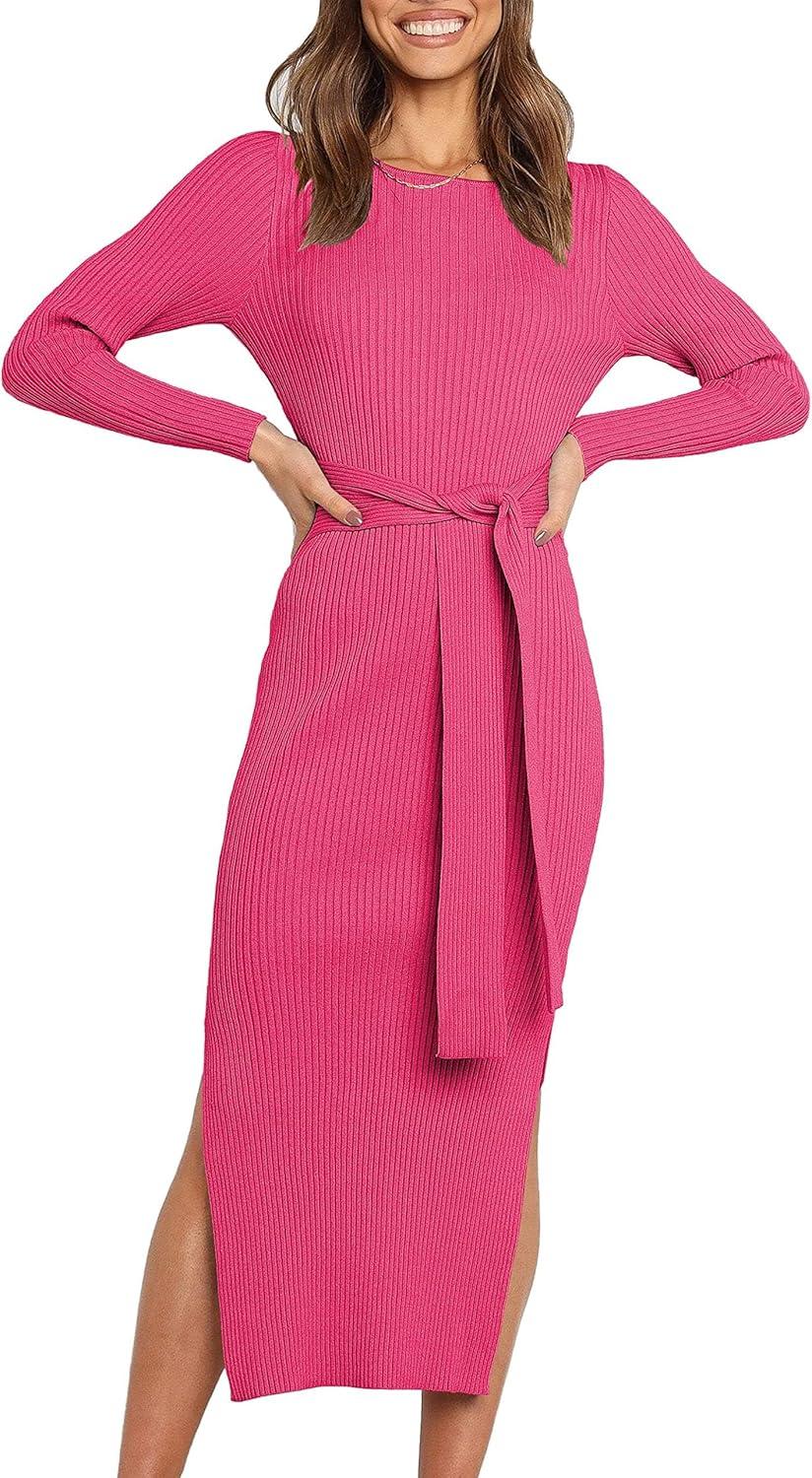 imageANRABESS Womens Long Sleeve Sweater Dress Crew Neck Slim Fit Slit Tie Waist 2025 Ribbed Knit Bodycon Midi Dress Fall OutfitsRose