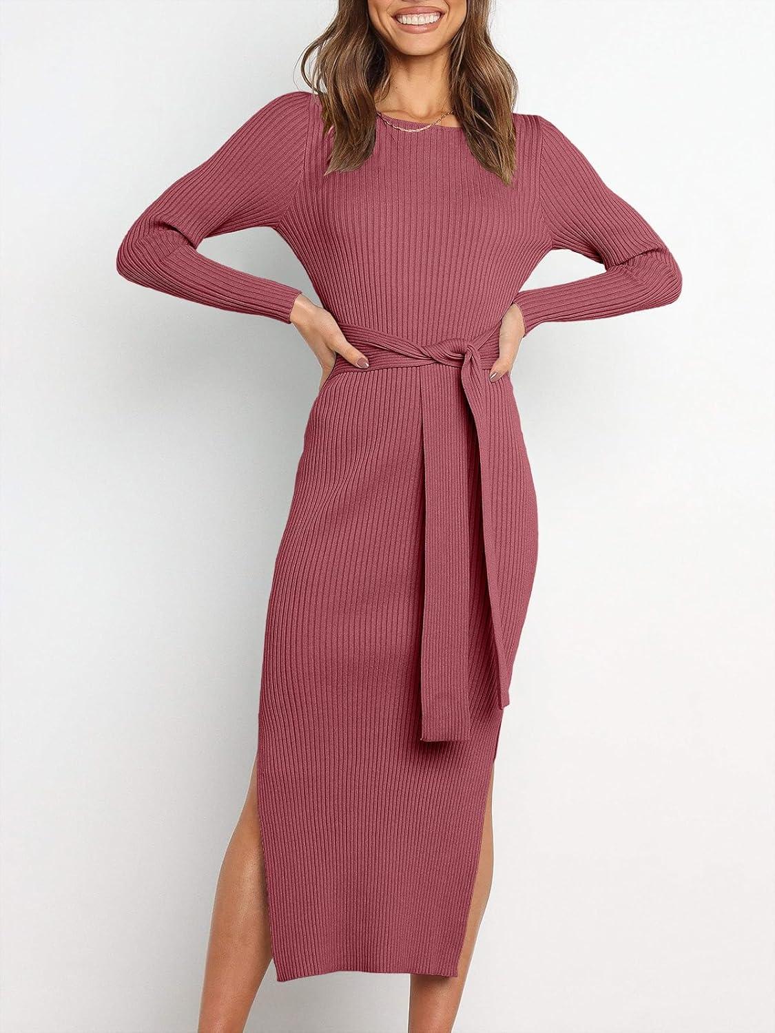 imageANRABESS Womens Long Sleeve Sweater Dress Crew Neck Slim Fit Slit Tie Waist 2025 Ribbed Knit Bodycon Midi Dress Fall OutfitsWatermelon Red