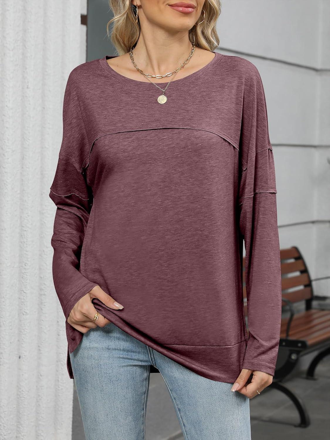 imageANRABESS Womens Long Sleeve T Shirts Split Side Tunic Tops 2025 Fall OutfitsBurgundy